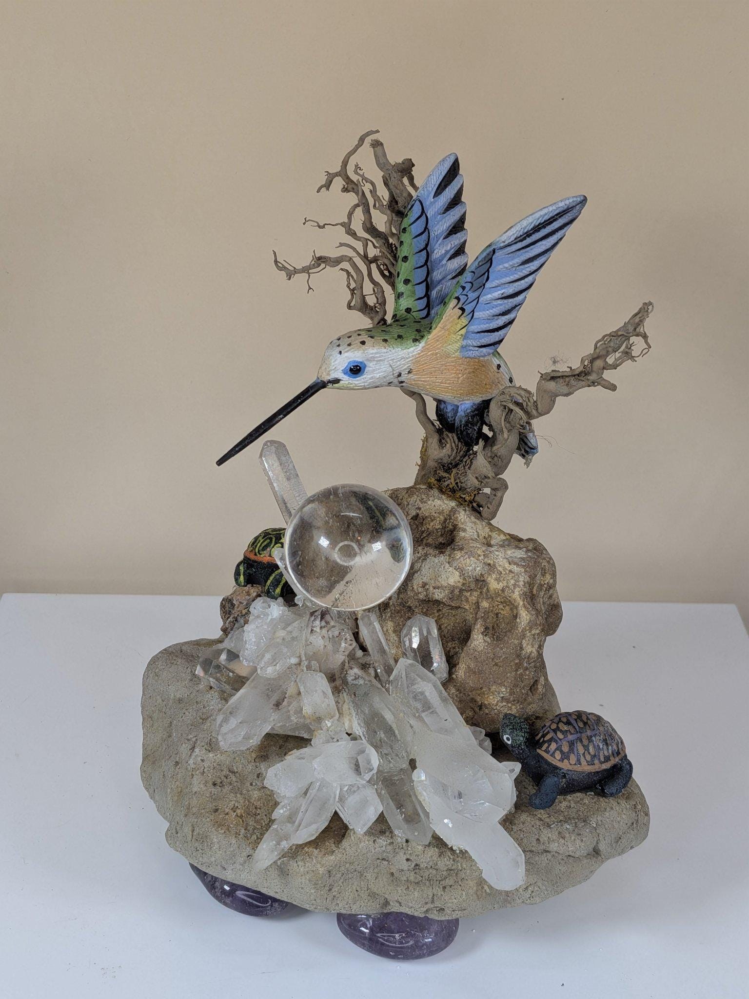 Vintage Handmade Crystal Garden Sculpture with Hummingbird Quartz Cluster Amethyst One of a Kind view 7