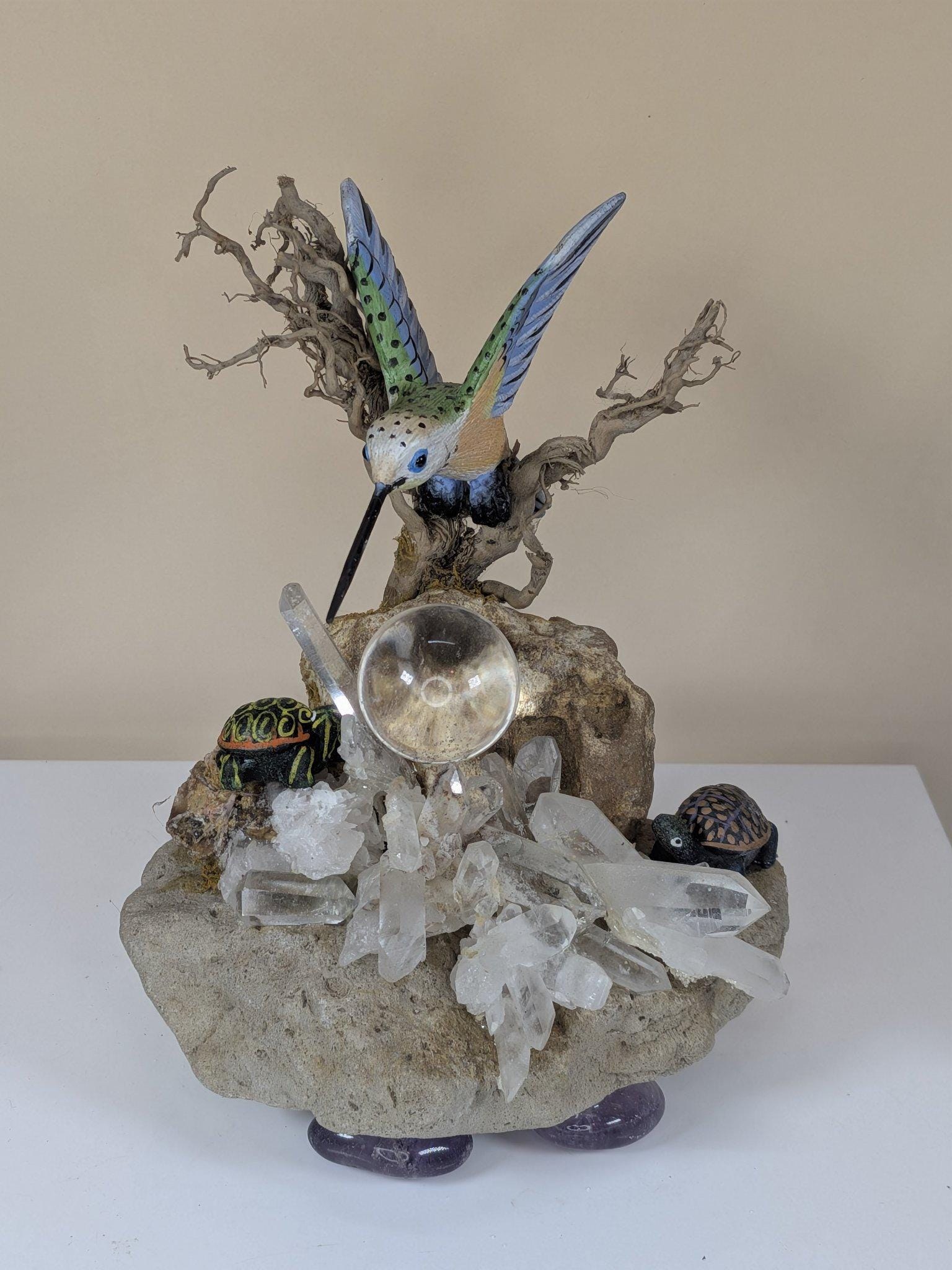 Vintage Handmade Crystal Garden Sculpture with Hummingbird Quartz Cluster Amethyst One of a Kind view 8