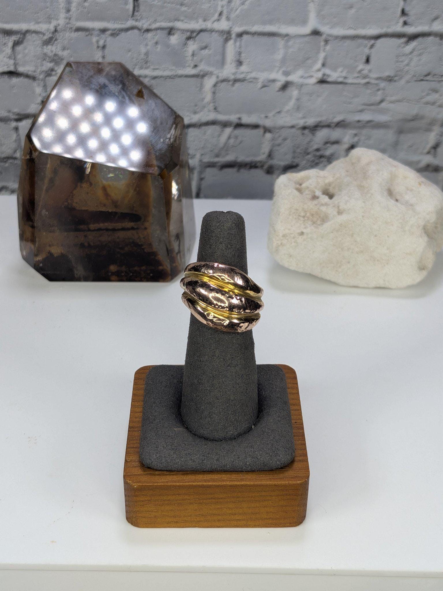 Italian 14K Two-Tone Gold Wide Dome Ring Hammered Rose Yellow Gold Arezzo Size 6