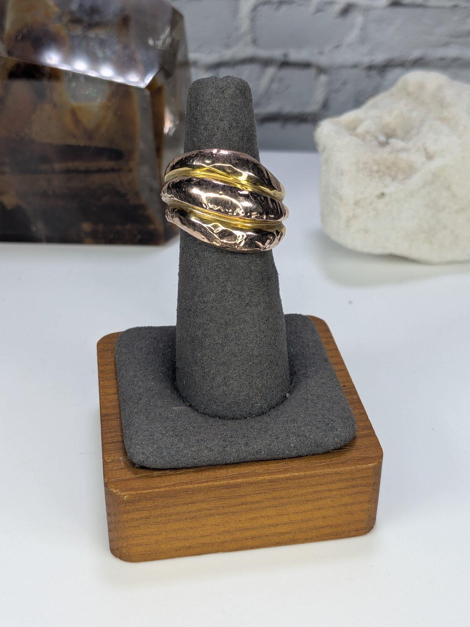 Italian 14K Two-Tone Gold Wide Dome Ring Hammered Rose Yellow Gold Arezzo Size 6 view 2