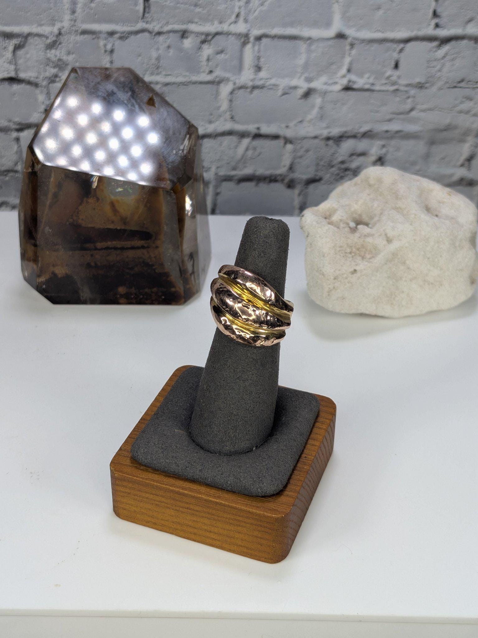 Italian 14K Two-Tone Gold Wide Dome Ring Hammered Rose Yellow Gold Arezzo Size 6 view 3