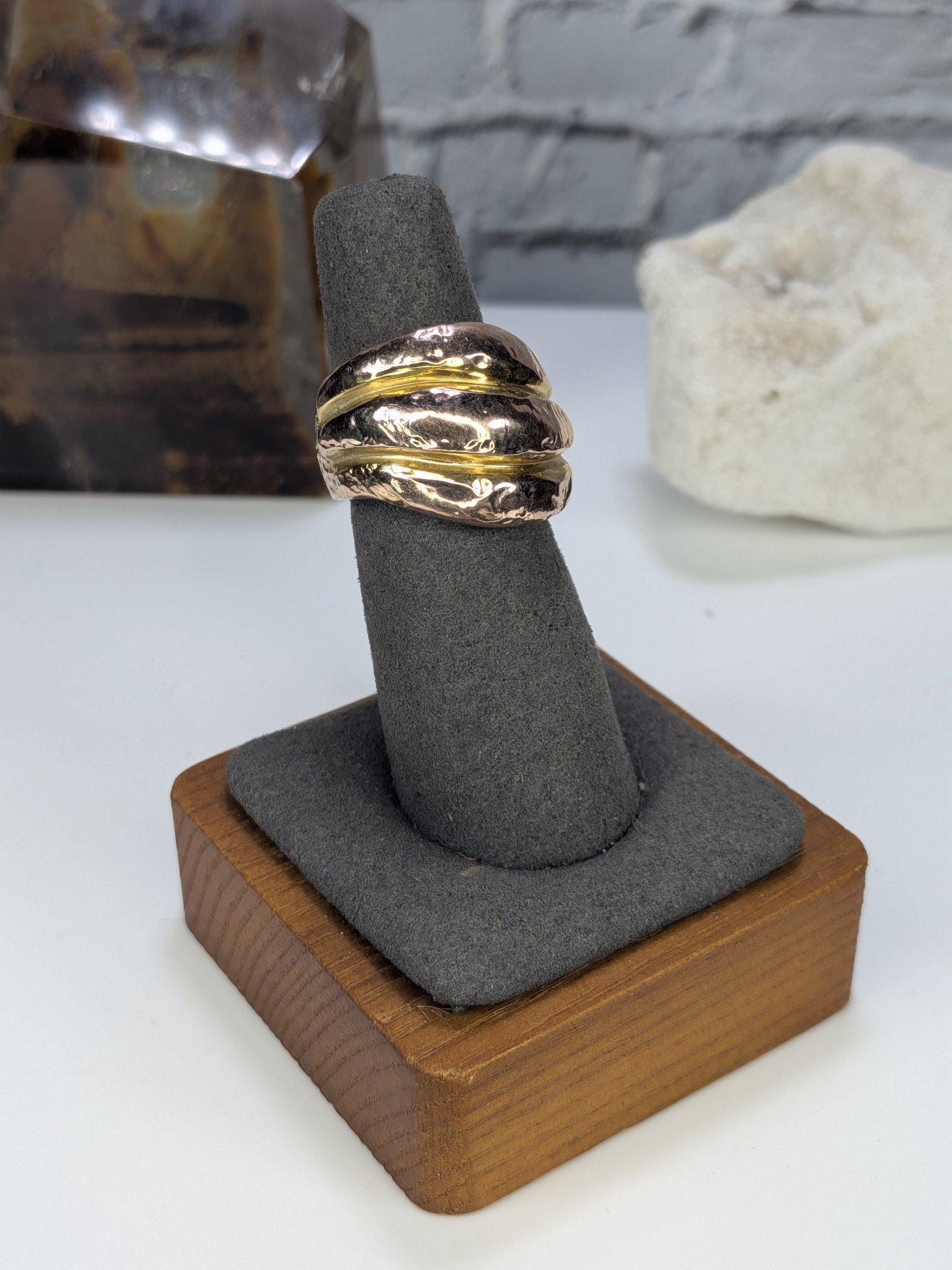 Italian 14K Two-Tone Gold Wide Dome Ring Hammered Rose Yellow Gold Arezzo Size 6 view 6