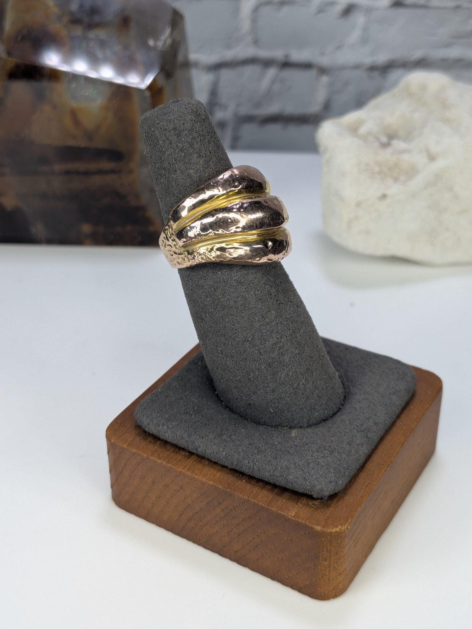 Italian 14K Two-Tone Gold Wide Dome Ring Hammered Rose Yellow Gold Arezzo Size 6 view 7