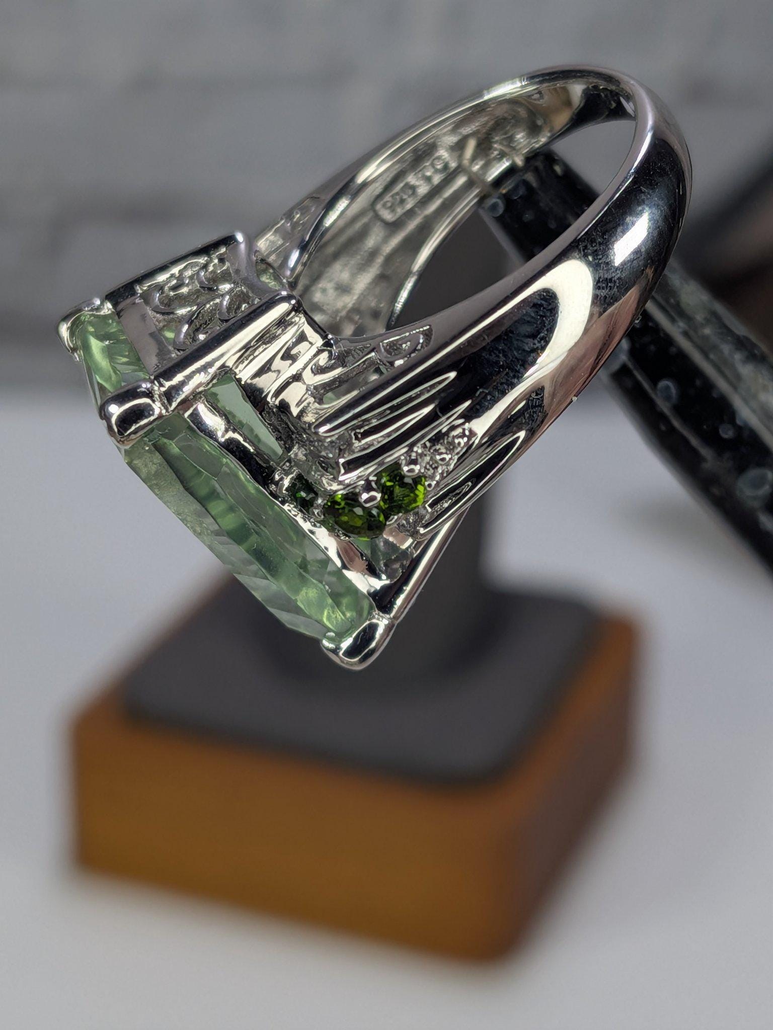 JTV Estate Green Amethyst Cocktail Ring Sterling Silver Rhodium Plated Chrome Diopside Statement Never Worn view 2