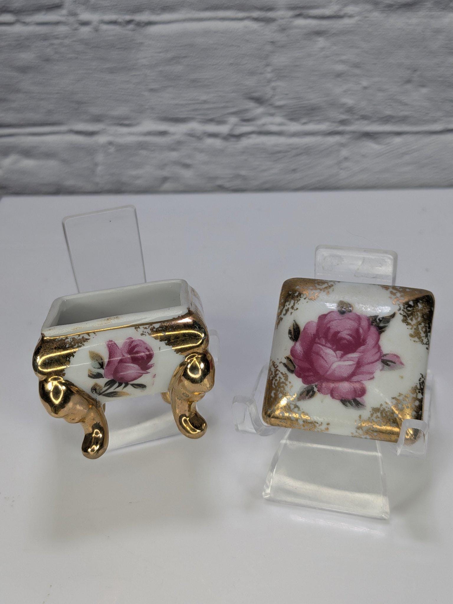 Vintage Made in Japan Porcelain Ring Box Pink Roses Gold Trim Footed Trinket Box