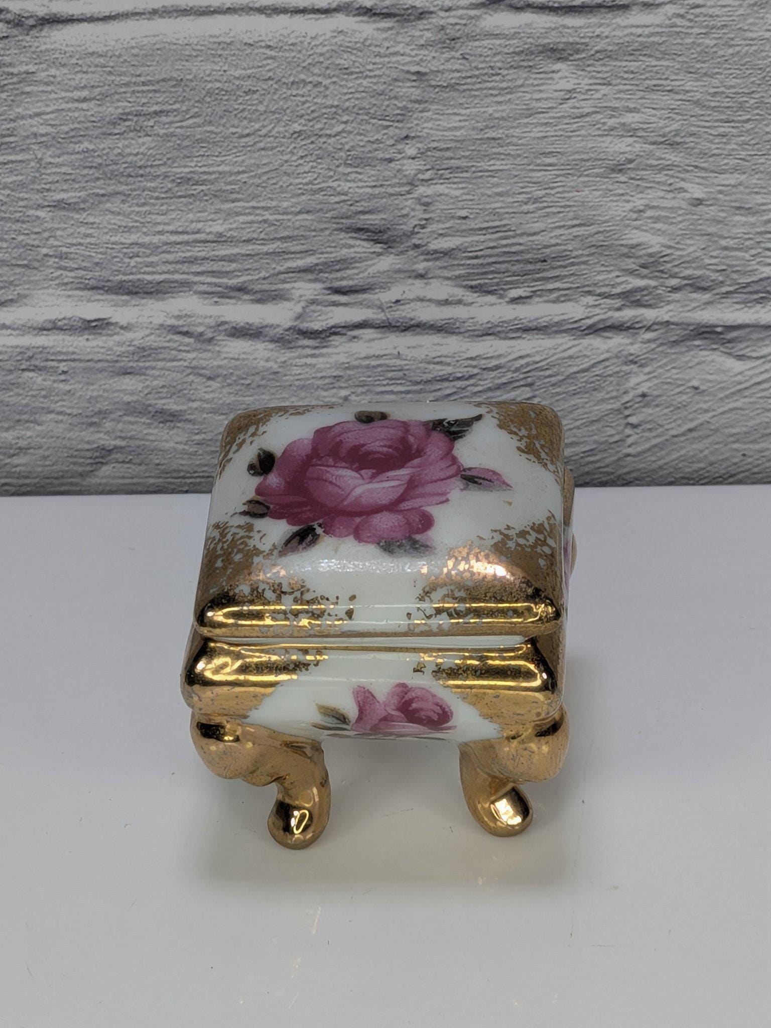 Vintage Made in Japan Porcelain Ring Box Pink Roses Gold Trim Footed Trinket Box view 2