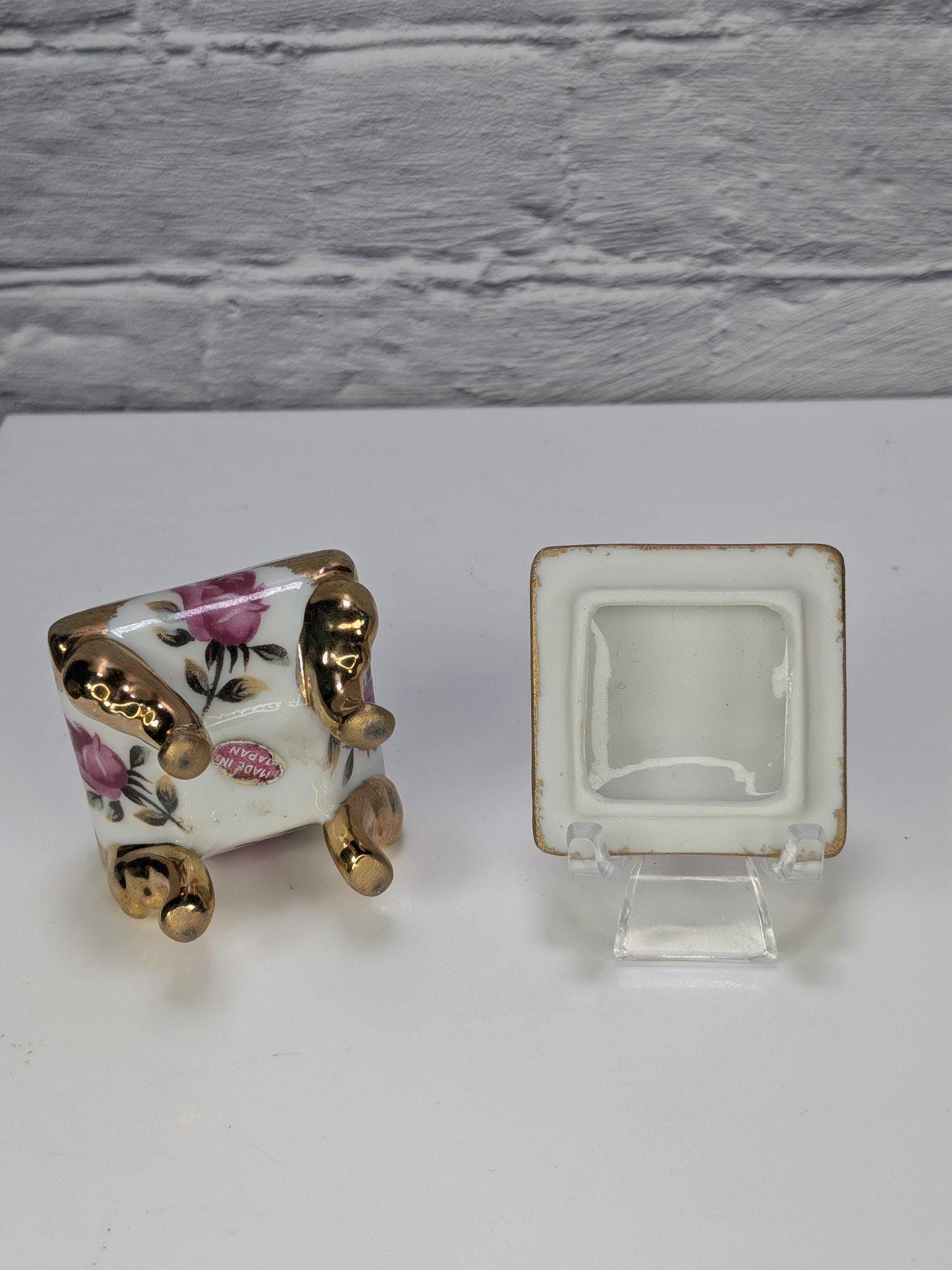 Vintage Made in Japan Porcelain Ring Box Pink Roses Gold Trim Footed Trinket Box view 3