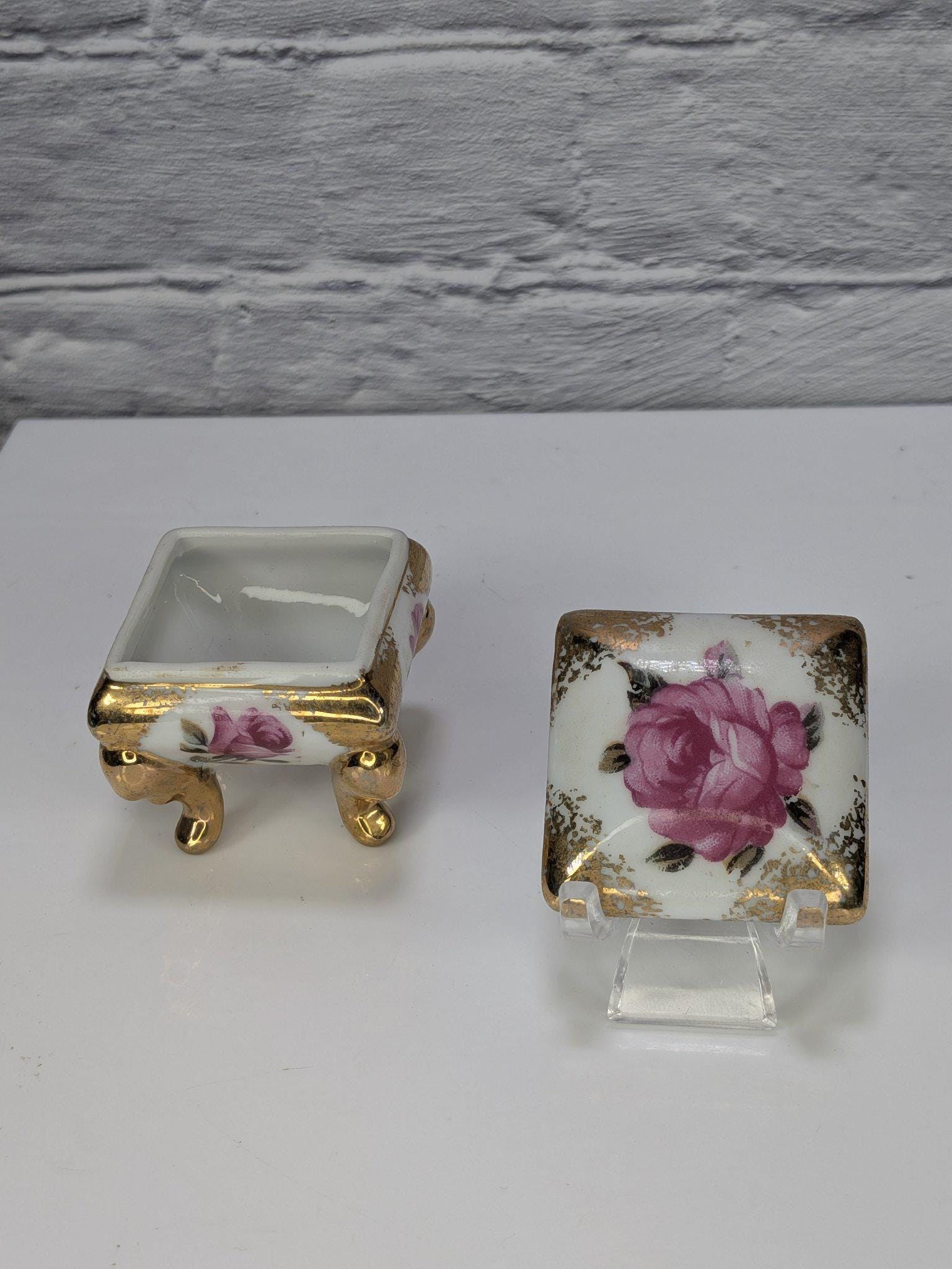Vintage Made in Japan Porcelain Ring Box Pink Roses Gold Trim Footed Trinket Box view 4