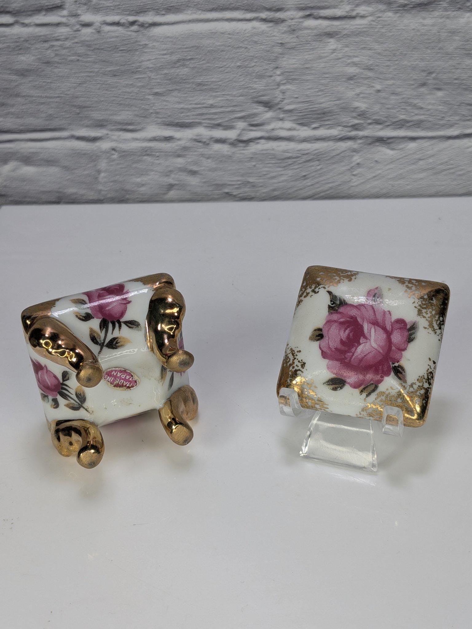 Vintage Made in Japan Porcelain Ring Box Pink Roses Gold Trim Footed Trinket Box view 5