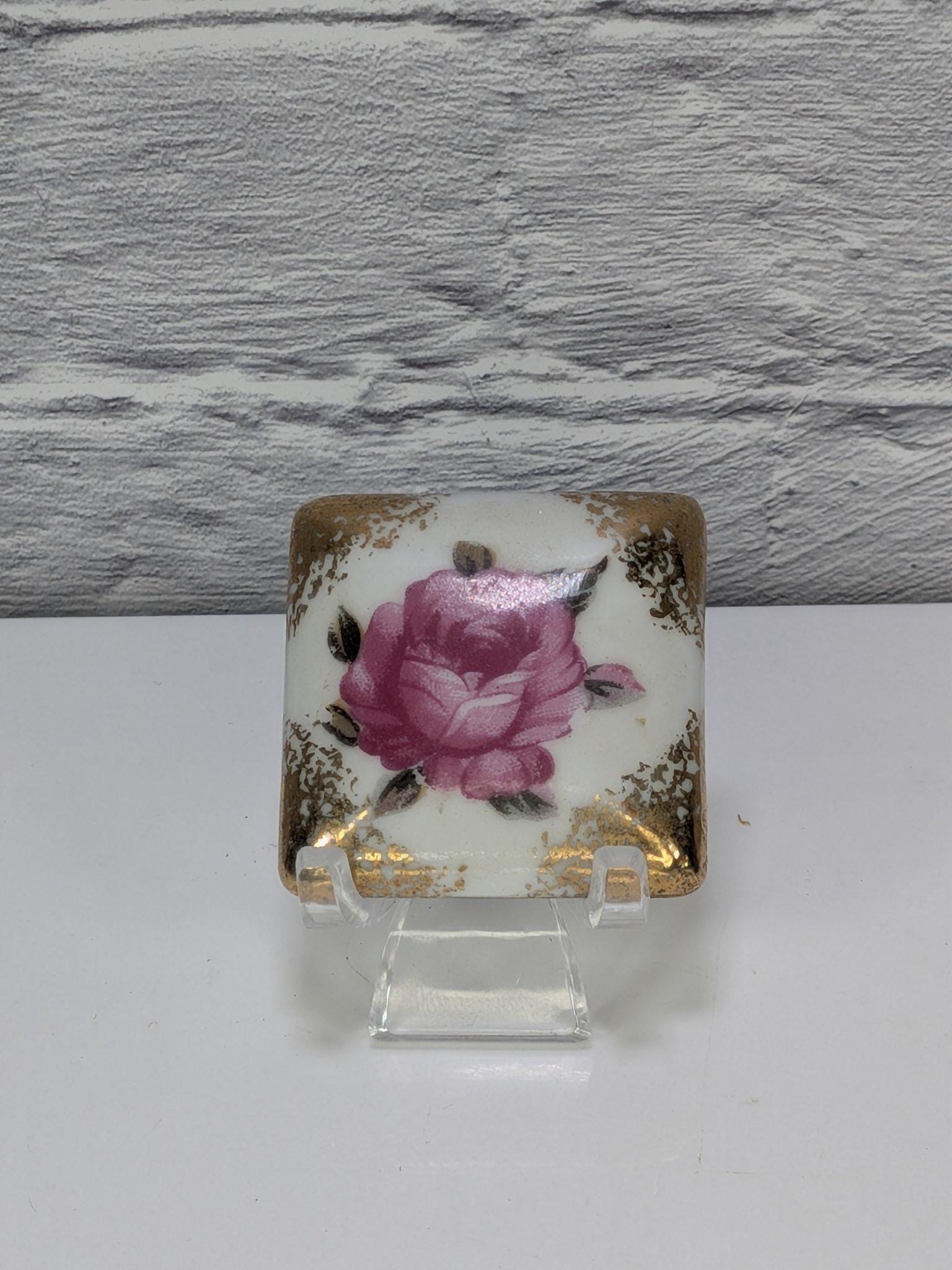 Vintage Made in Japan Porcelain Ring Box Pink Roses Gold Trim Footed Trinket Box view 6