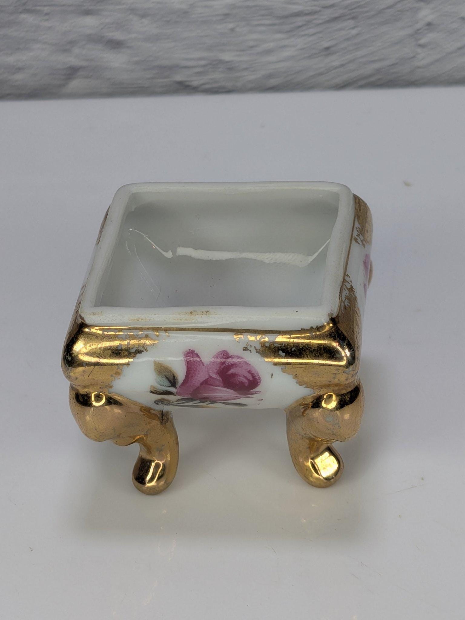 Vintage Made in Japan Porcelain Ring Box Pink Roses Gold Trim Footed Trinket Box view 7