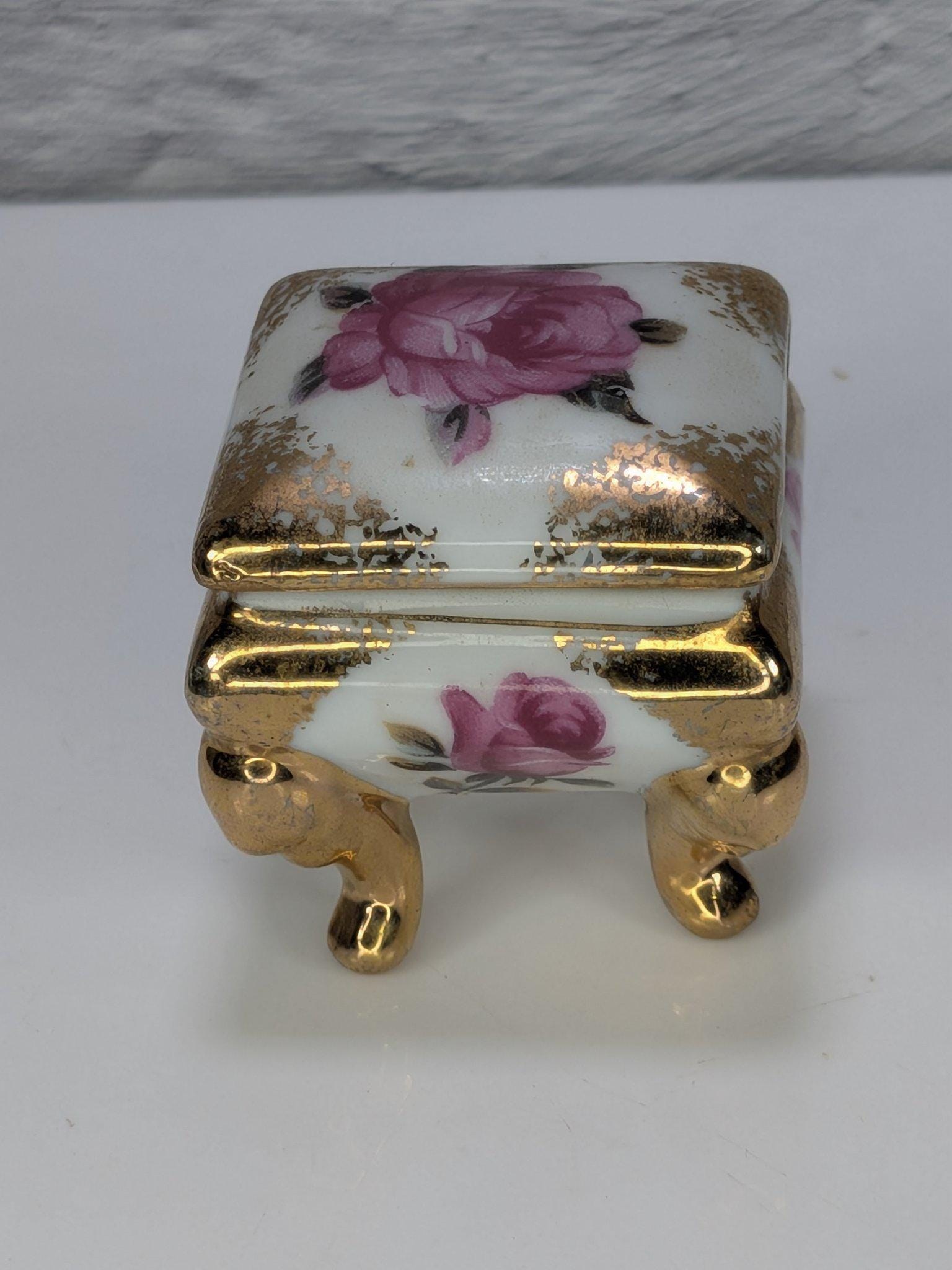 Vintage Made in Japan Porcelain Ring Box Pink Roses Gold Trim Footed Trinket Box view 8