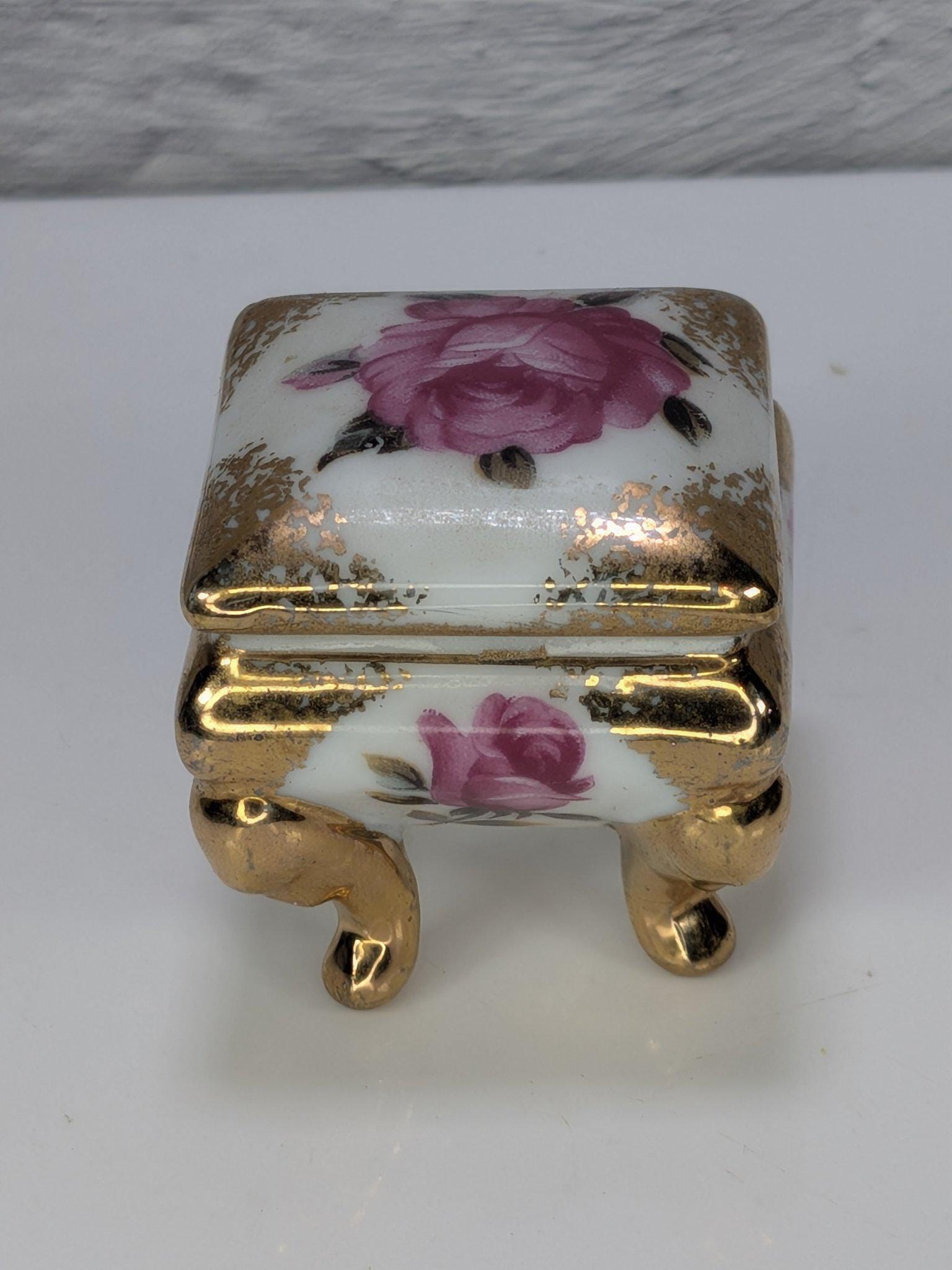 Vintage Made in Japan Porcelain Ring Box Pink Roses Gold Trim Footed Trinket Box view 9