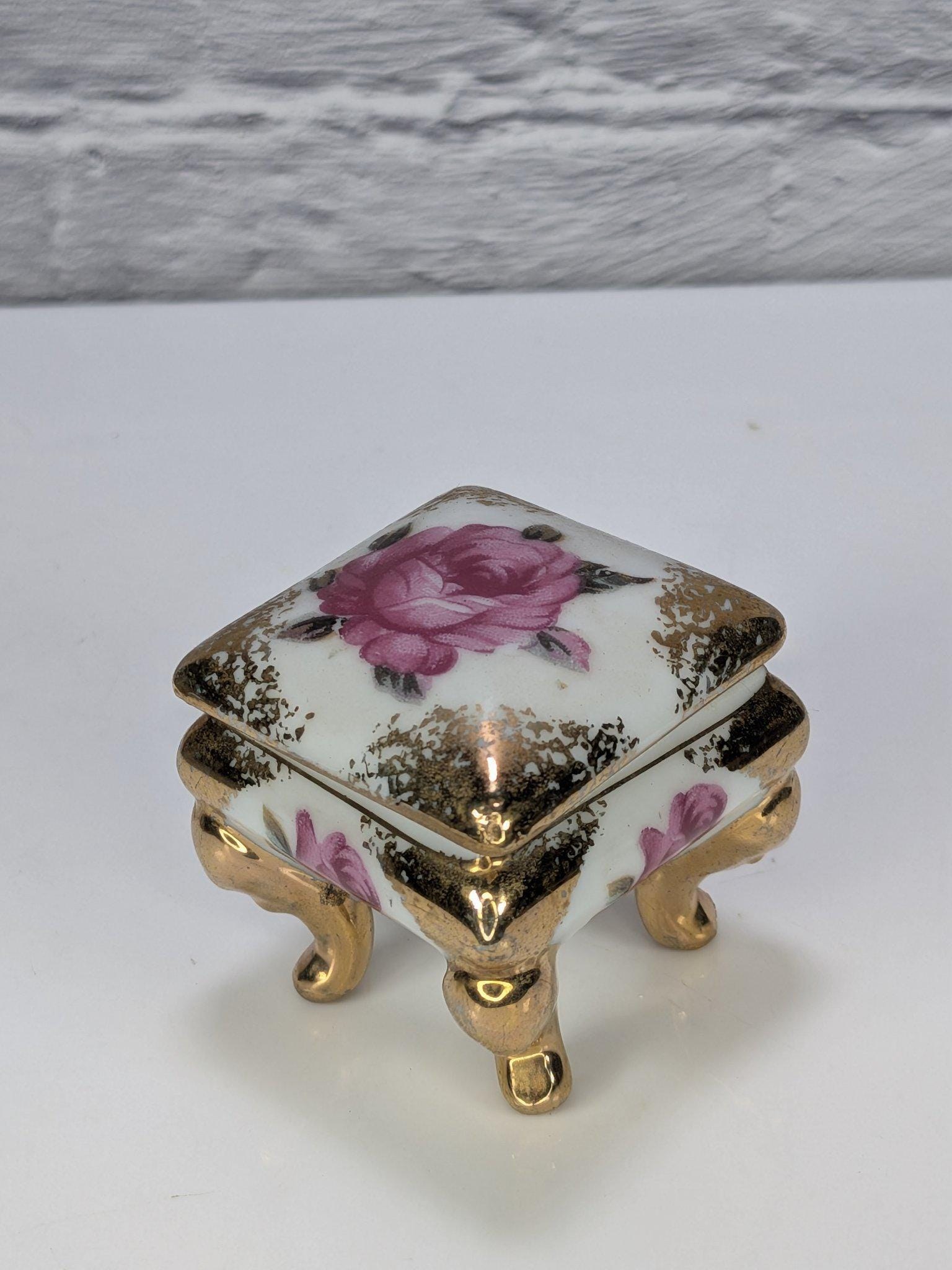 Vintage Made in Japan Porcelain Ring Box Pink Roses Gold Trim Footed Trinket Box view 10