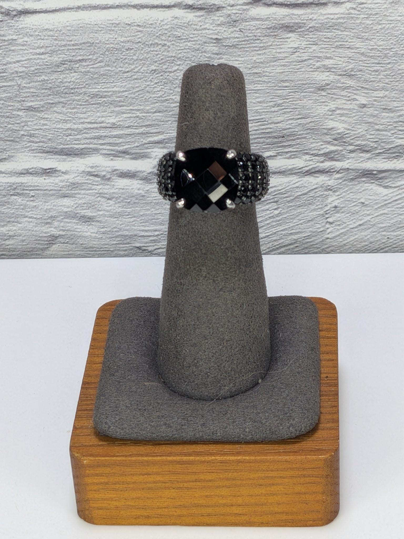 JTV Estate Black Spinel Cocktail Ring Sterling Silver Rhodium Plated Pave Statement
