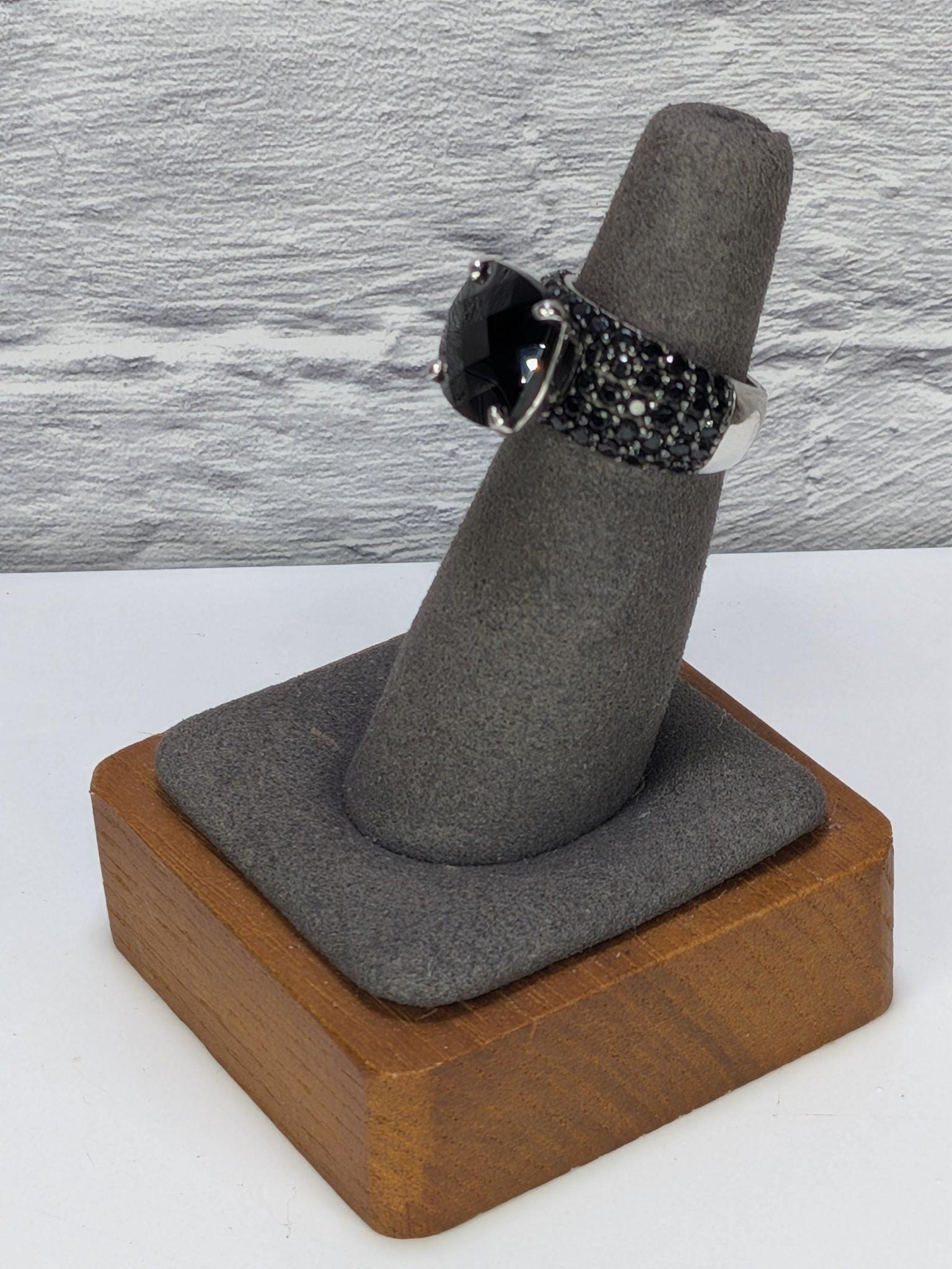 JTV Estate Black Spinel Cocktail Ring Sterling Silver Rhodium Plated Pave Statement view 2