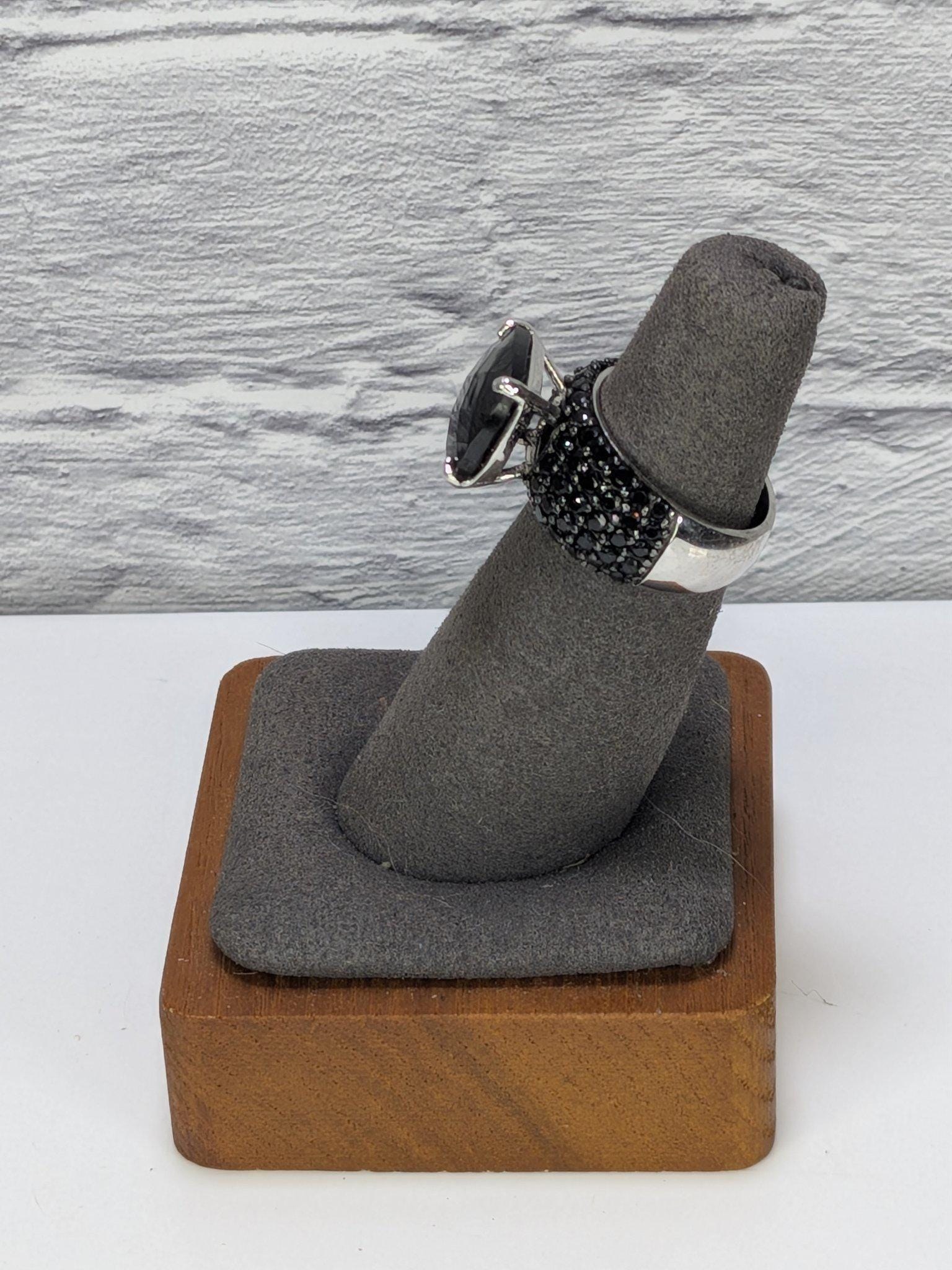 JTV Estate Black Spinel Cocktail Ring Sterling Silver Rhodium Plated Pave Statement view 3