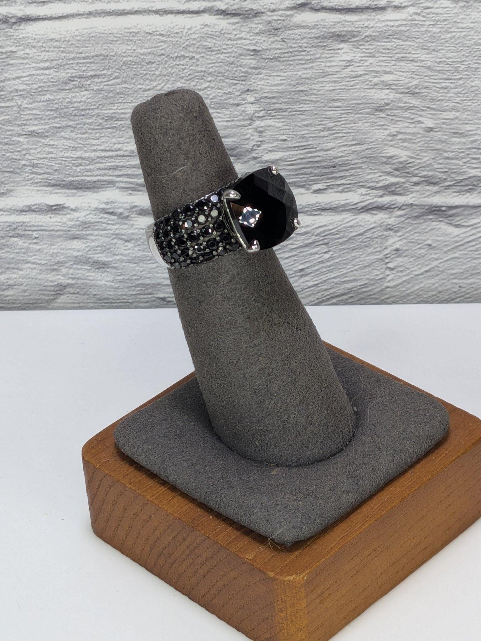 JTV Estate Black Spinel Cocktail Ring Sterling Silver Rhodium Plated Pave Statement view 6