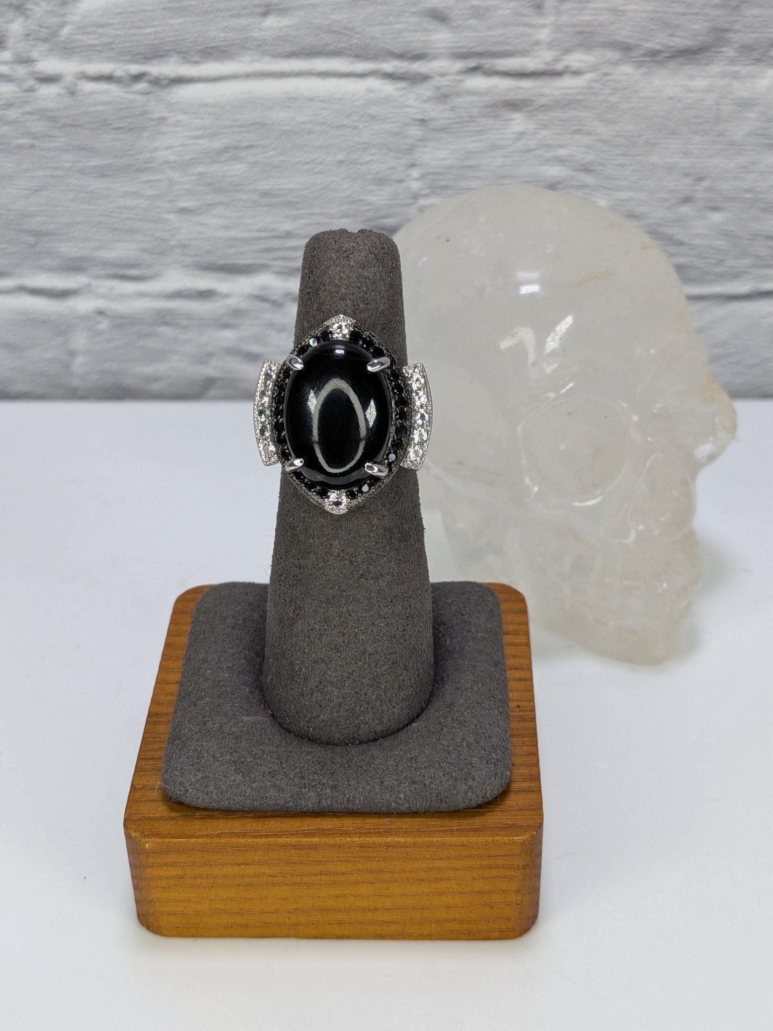 JTV Estate Black Onyx Cabochon Halo Ring Sterling Silver Rhodium Plated Size 6