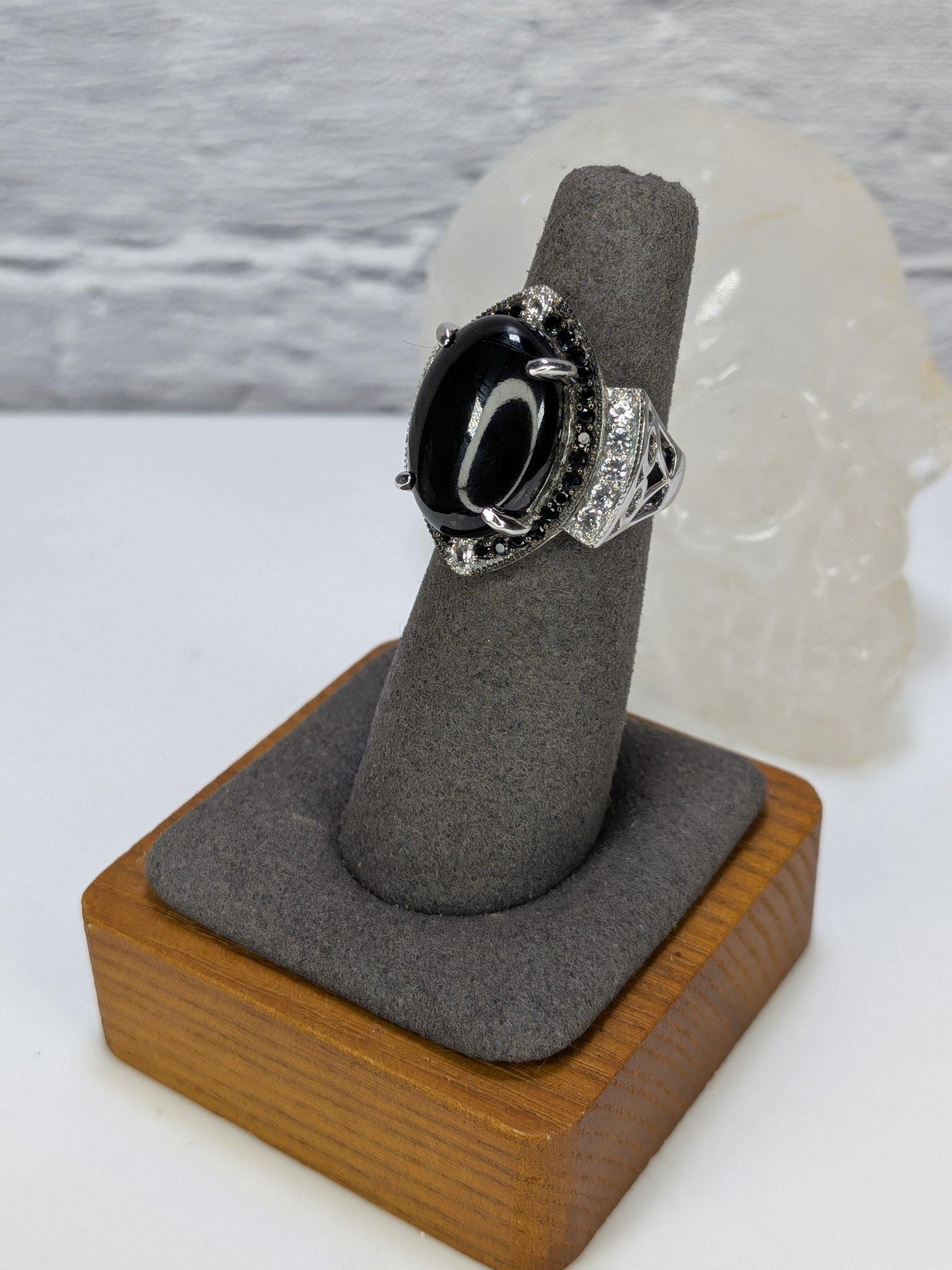 JTV Estate Black Onyx Cabochon Halo Ring Sterling Silver Rhodium Plated Size 6 view 2