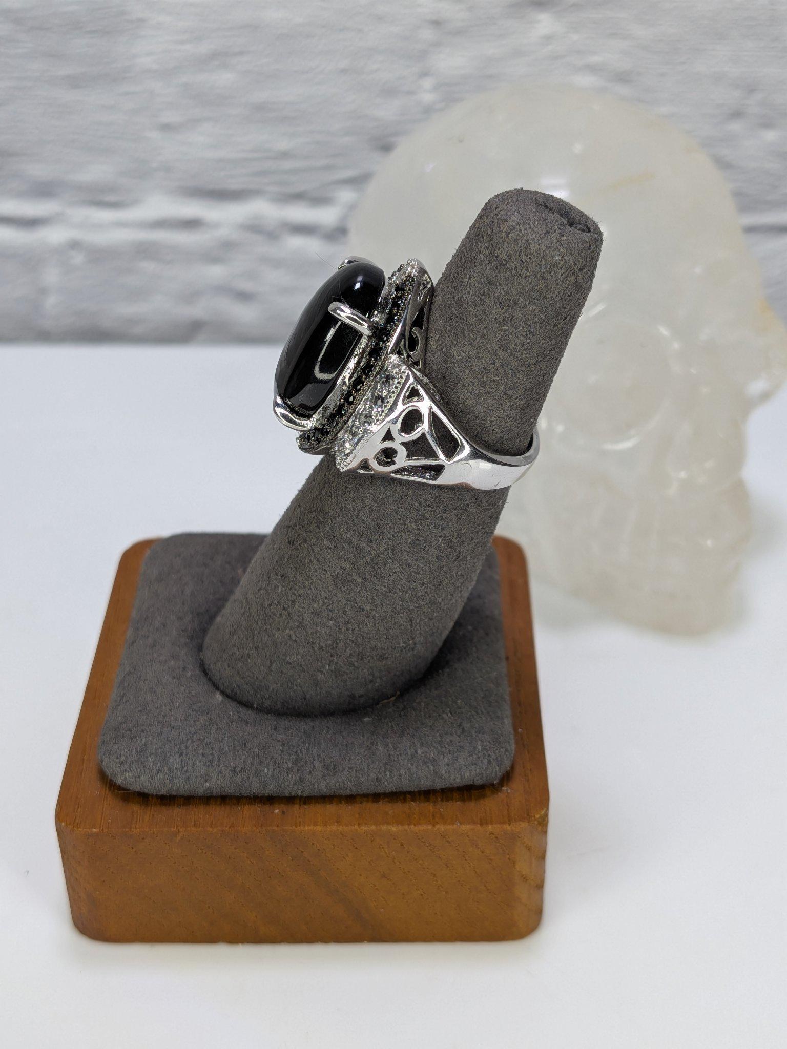 JTV Estate Black Onyx Cabochon Halo Ring Sterling Silver Rhodium Plated Size 6 view 3