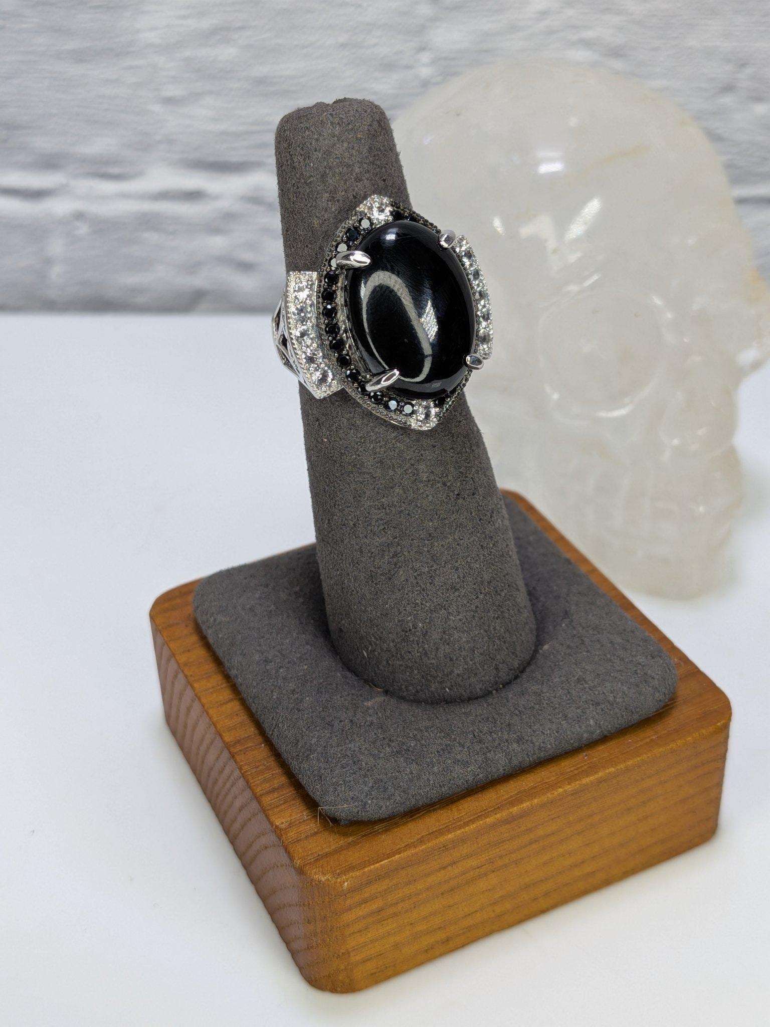 JTV Estate Black Onyx Cabochon Halo Ring Sterling Silver Rhodium Plated Size 6 view 4