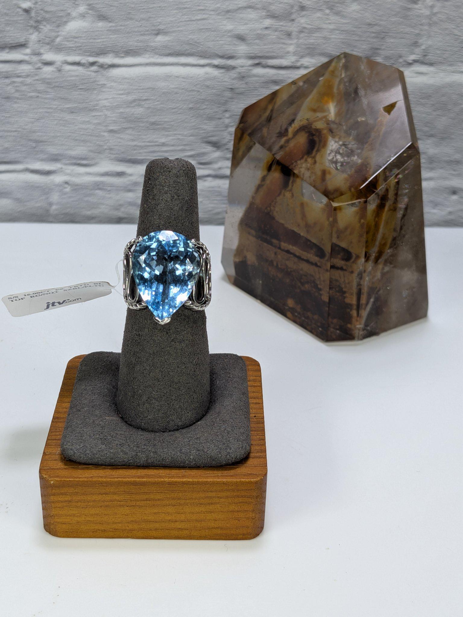 JTV Estate 16Ct Pear Blue Topaz Ring Sterling Silver Rhodium Plated Size 8 Original Tag