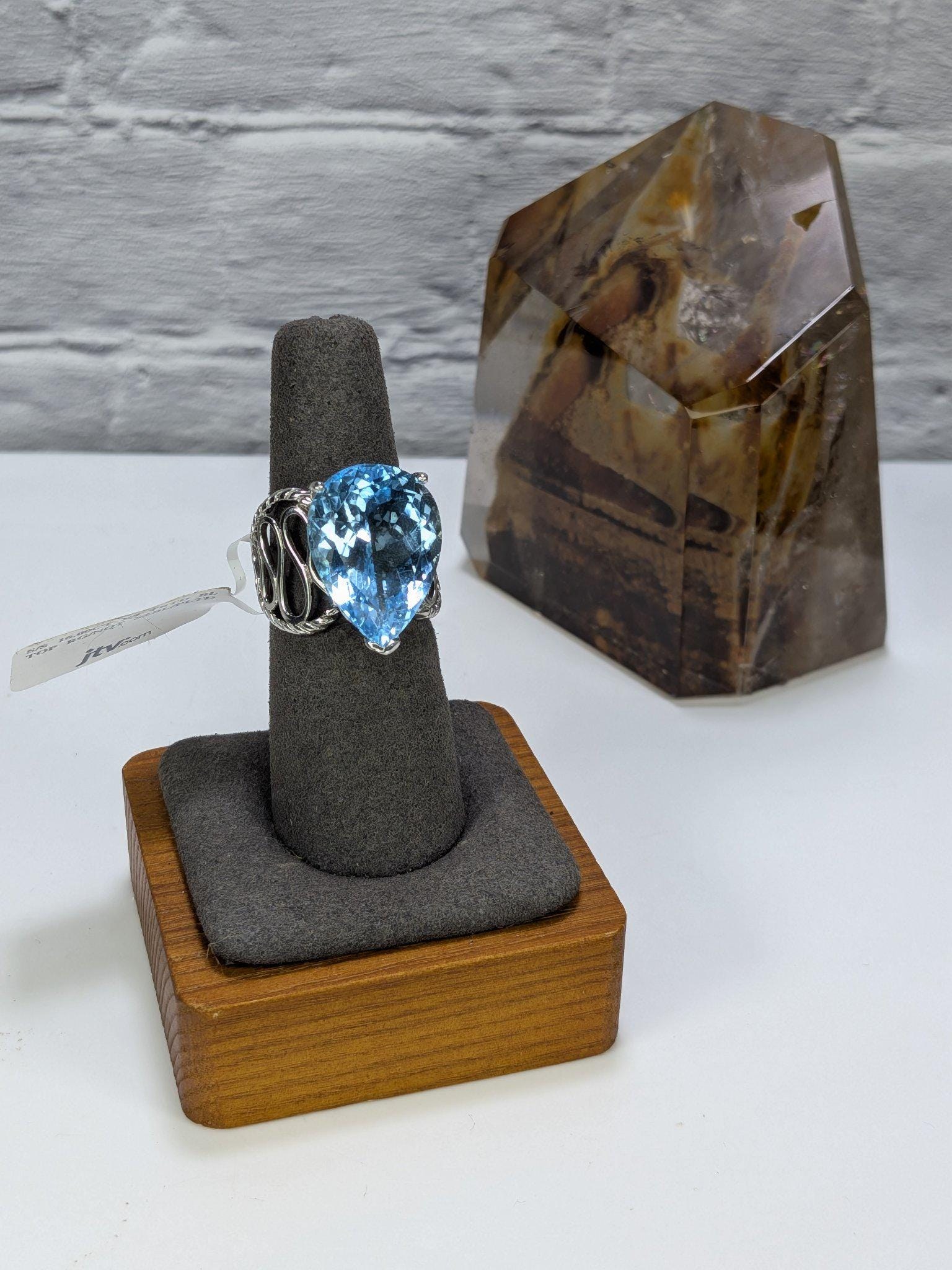 JTV Estate 16Ct Pear Blue Topaz Ring Sterling Silver Rhodium Plated Size 8 Original Tag view 2