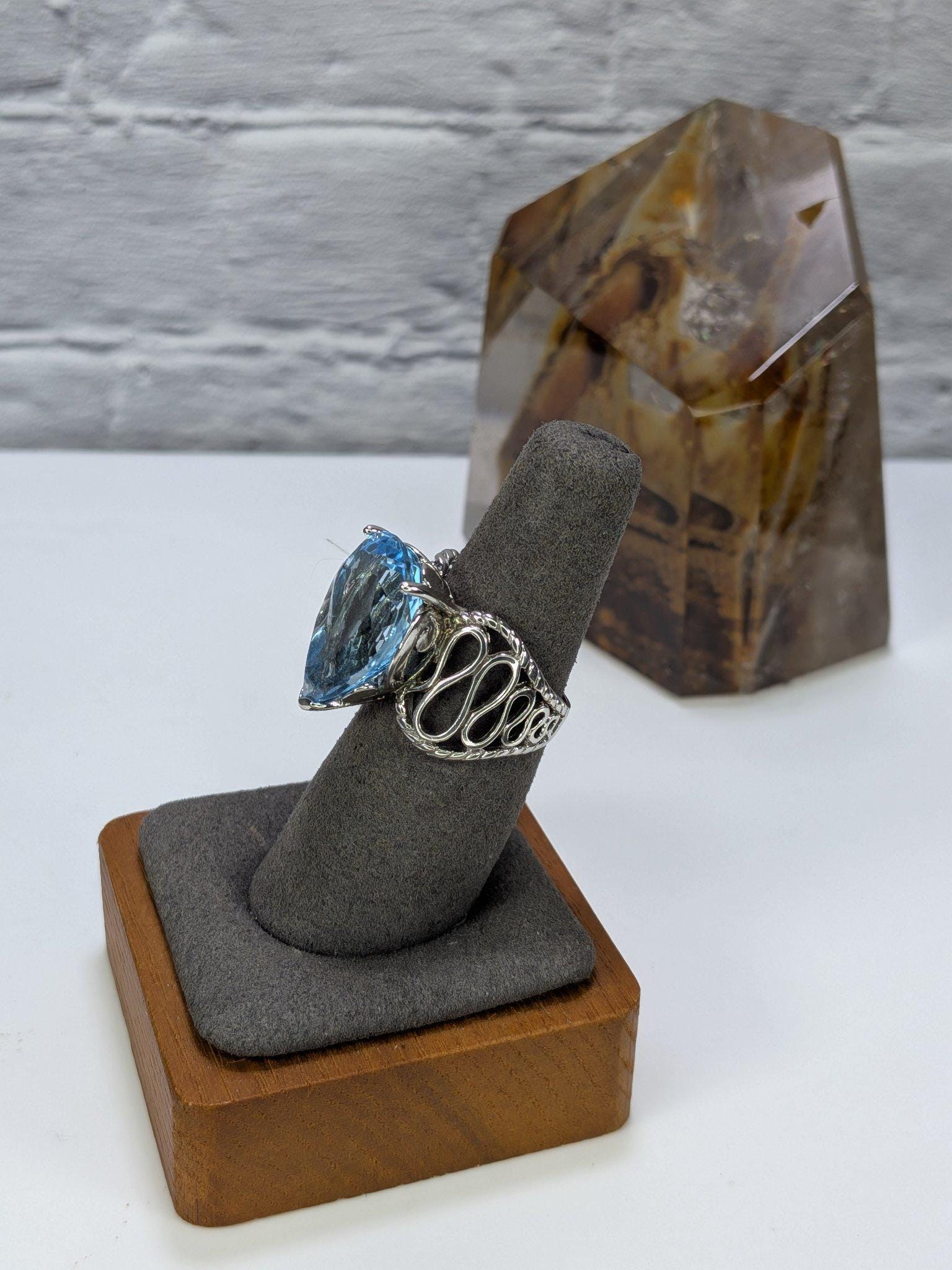 JTV Estate 16Ct Pear Blue Topaz Ring Sterling Silver Rhodium Plated Size 8 Original Tag view 6