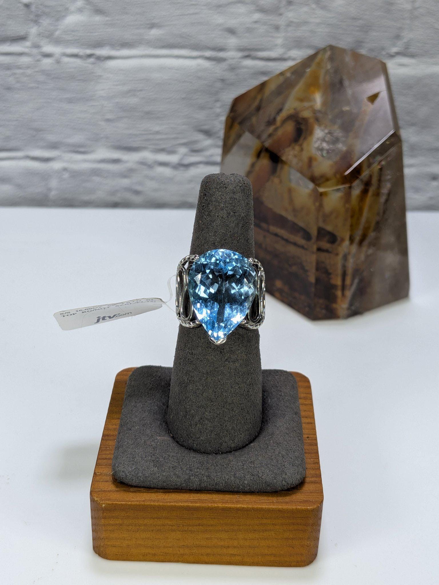 JTV Estate 16Ct Pear Blue Topaz Ring Sterling Silver Rhodium Plated Size 8 Original Tag view 7