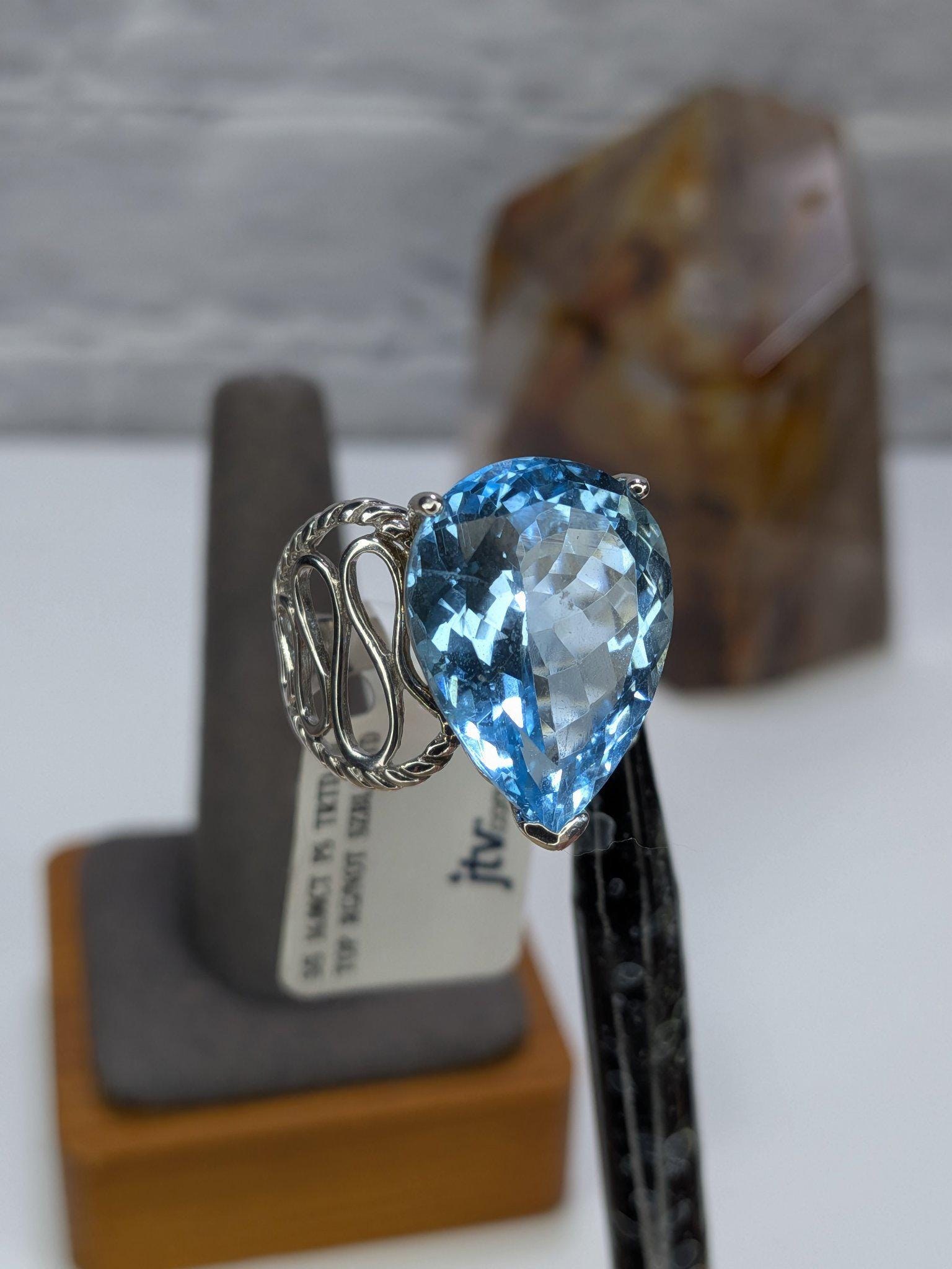 JTV Estate 16Ct Pear Blue Topaz Ring Sterling Silver Rhodium Plated Size 8 Original Tag view 8