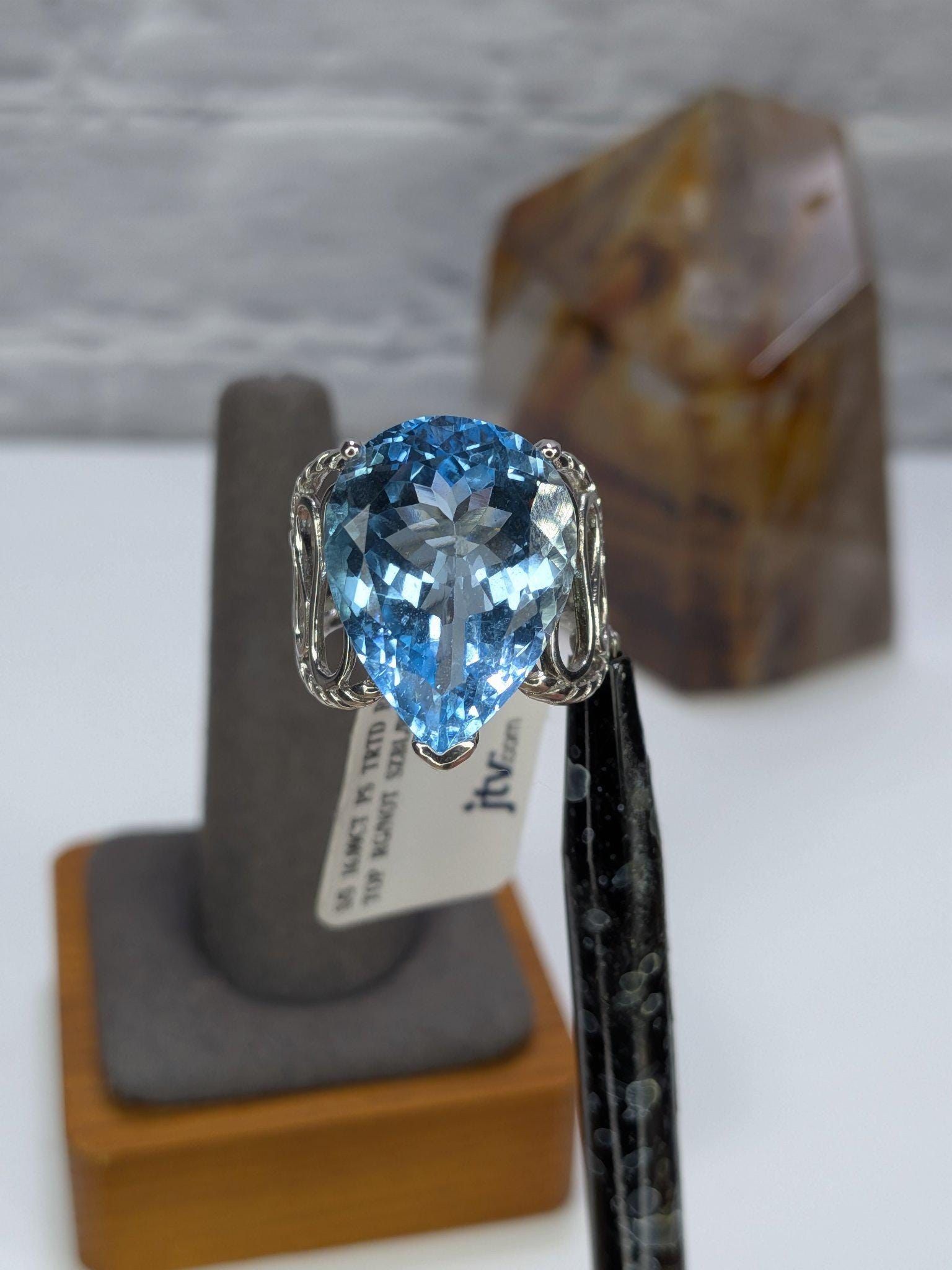 JTV Estate 16Ct Pear Blue Topaz Ring Sterling Silver Rhodium Plated Size 8 Original Tag view 9