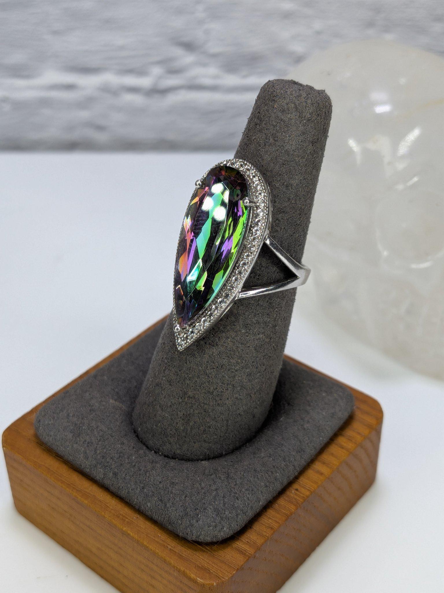 JTV Estate Mystic Topaz Marquise Halo Ring Sterling Silver Rhodium Plated Size 8 view 4