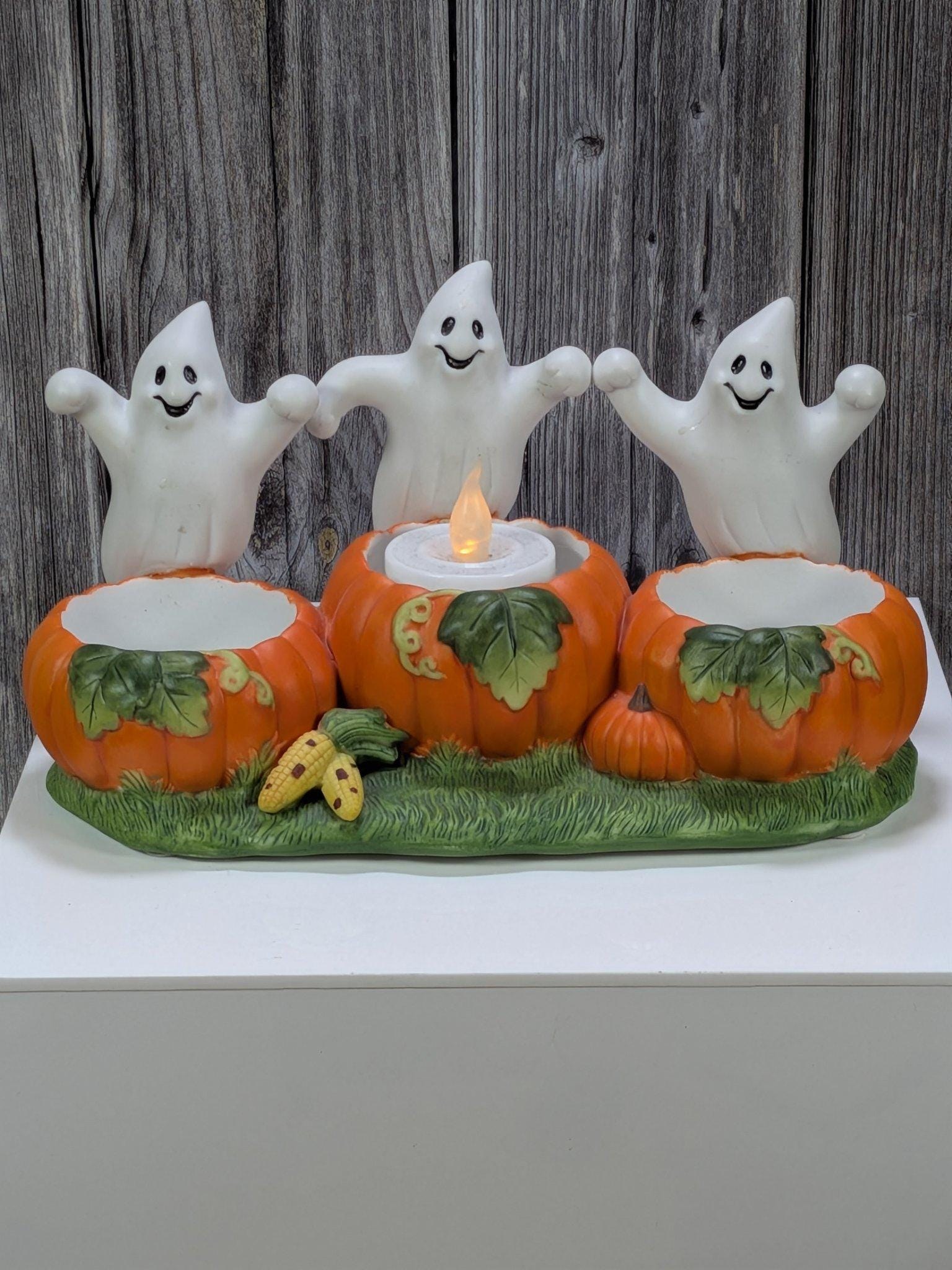 PartyLite P7262 Ghost Trio Tealight Holder Vintage Halloween Pumpkins Ceramic Retired Fall Decor
