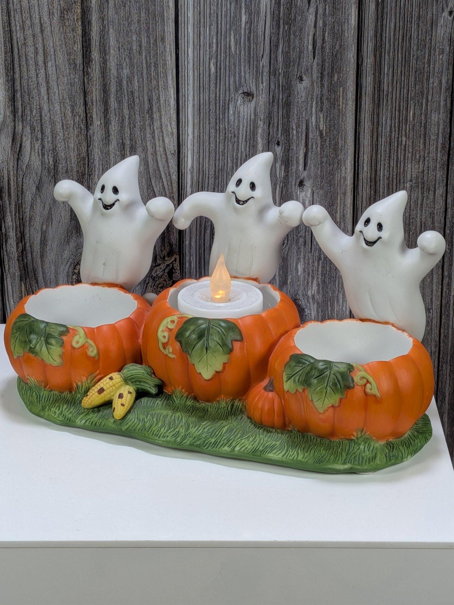 PartyLite P7262 Ghost Trio Tealight Holder Vintage Halloween Pumpkins Ceramic Retired Fall Decor view 2