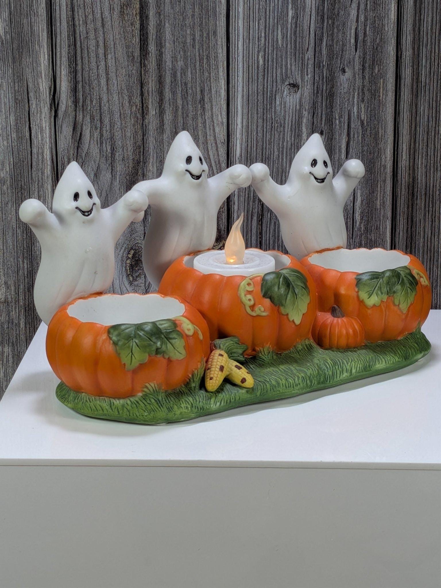 PartyLite P7262 Ghost Trio Tealight Holder Vintage Halloween Pumpkins Ceramic Retired Fall Decor view 3