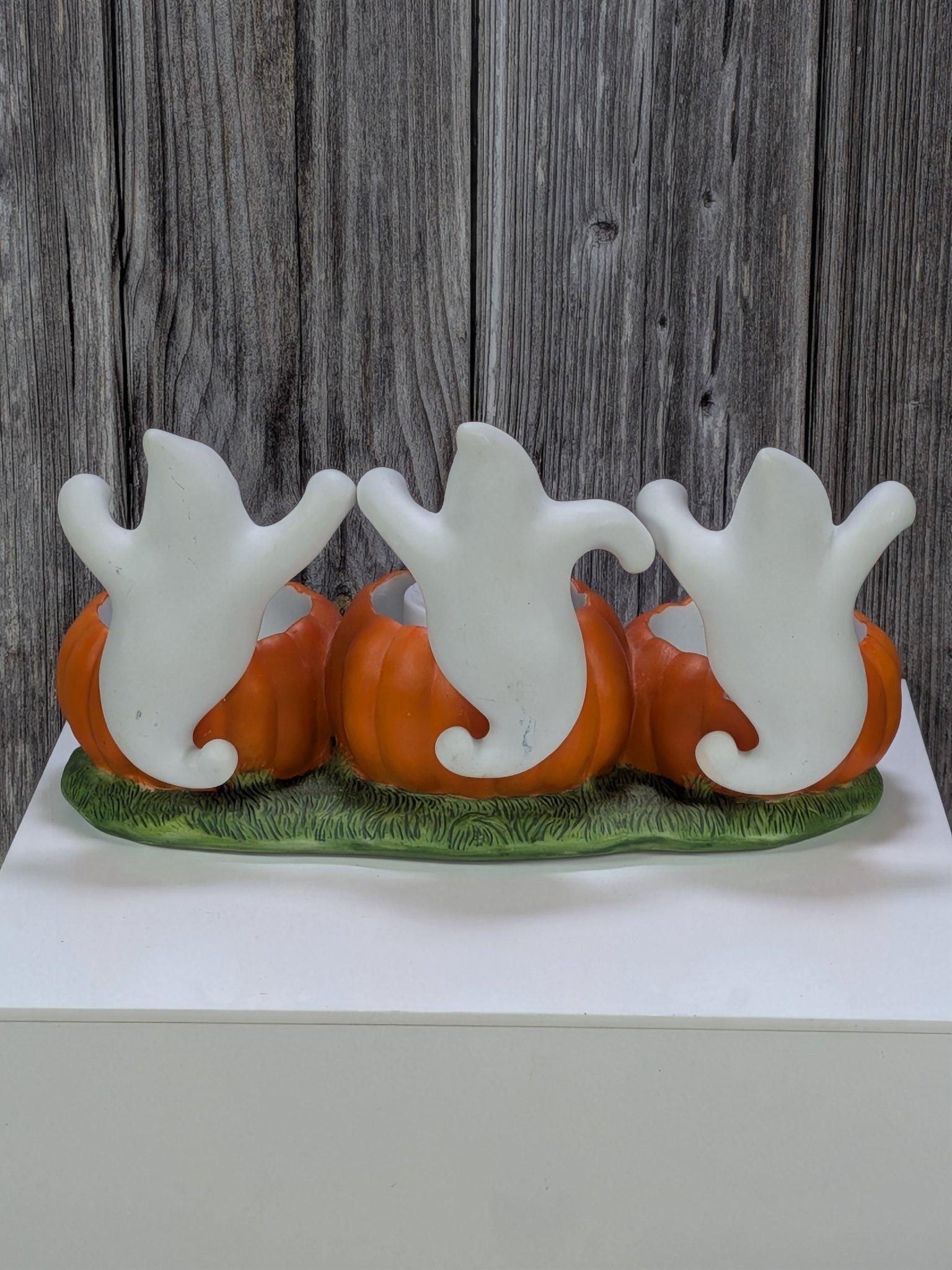 PartyLite P7262 Ghost Trio Tealight Holder Vintage Halloween Pumpkins Ceramic Retired Fall Decor view 4