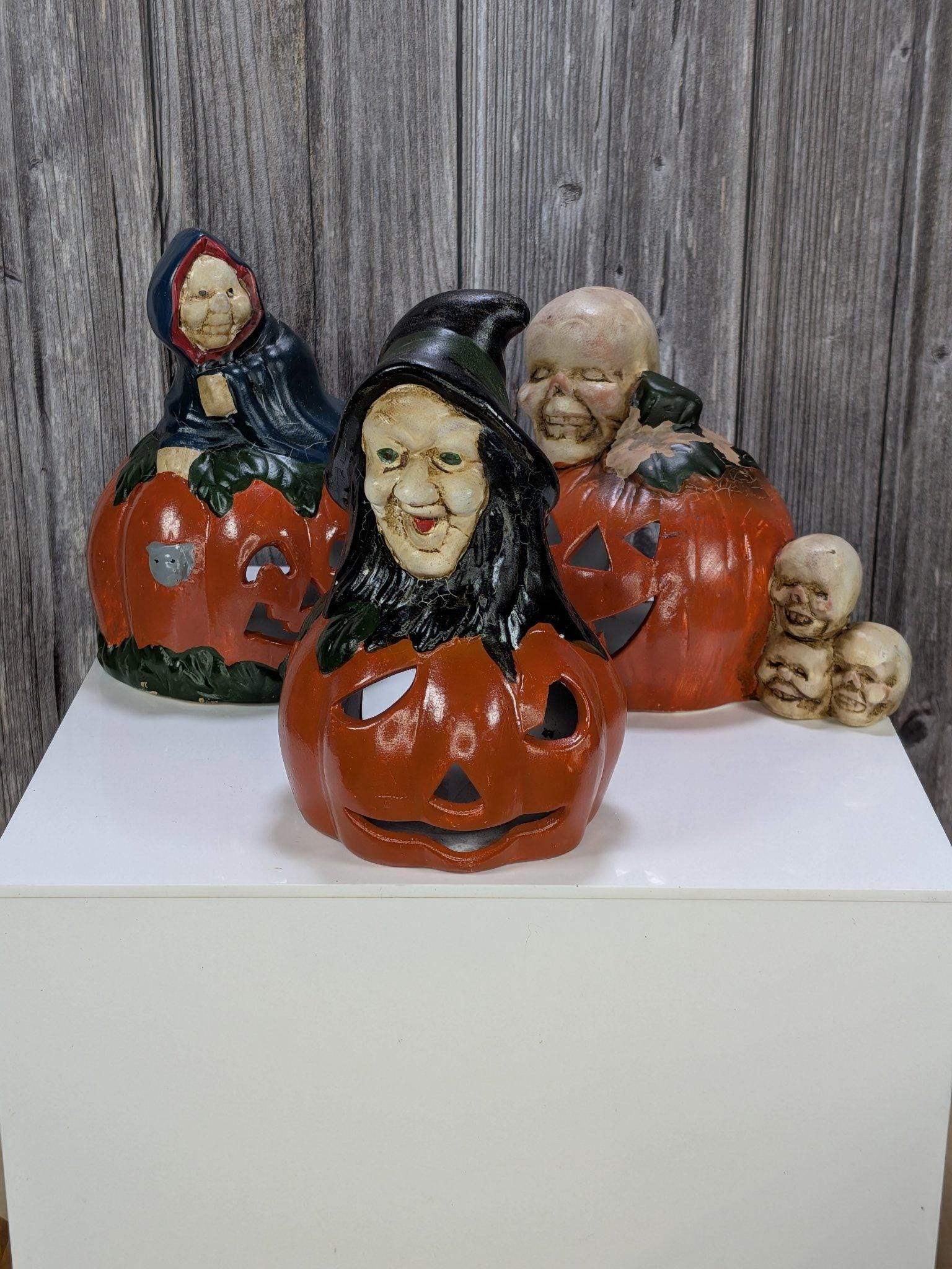 Vintage Hand Painted Ceramic Pumpkin Luminaries Set of 3 Halloween Witch Ghost Skull Tealight Holders