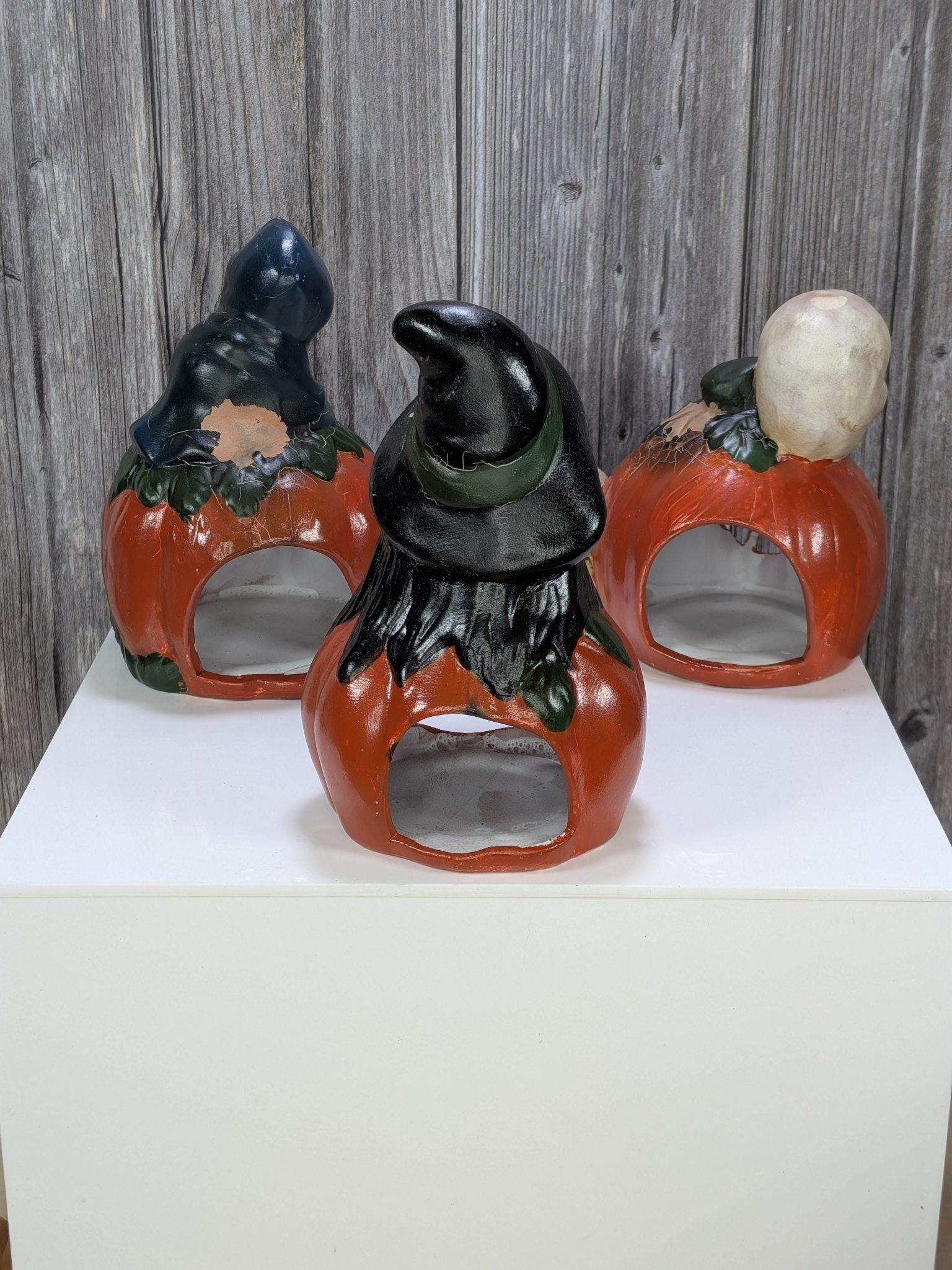 Vintage Hand Painted Ceramic Pumpkin Luminaries Set of 3 Halloween Witch Ghost Skull Tealight Holders view 2