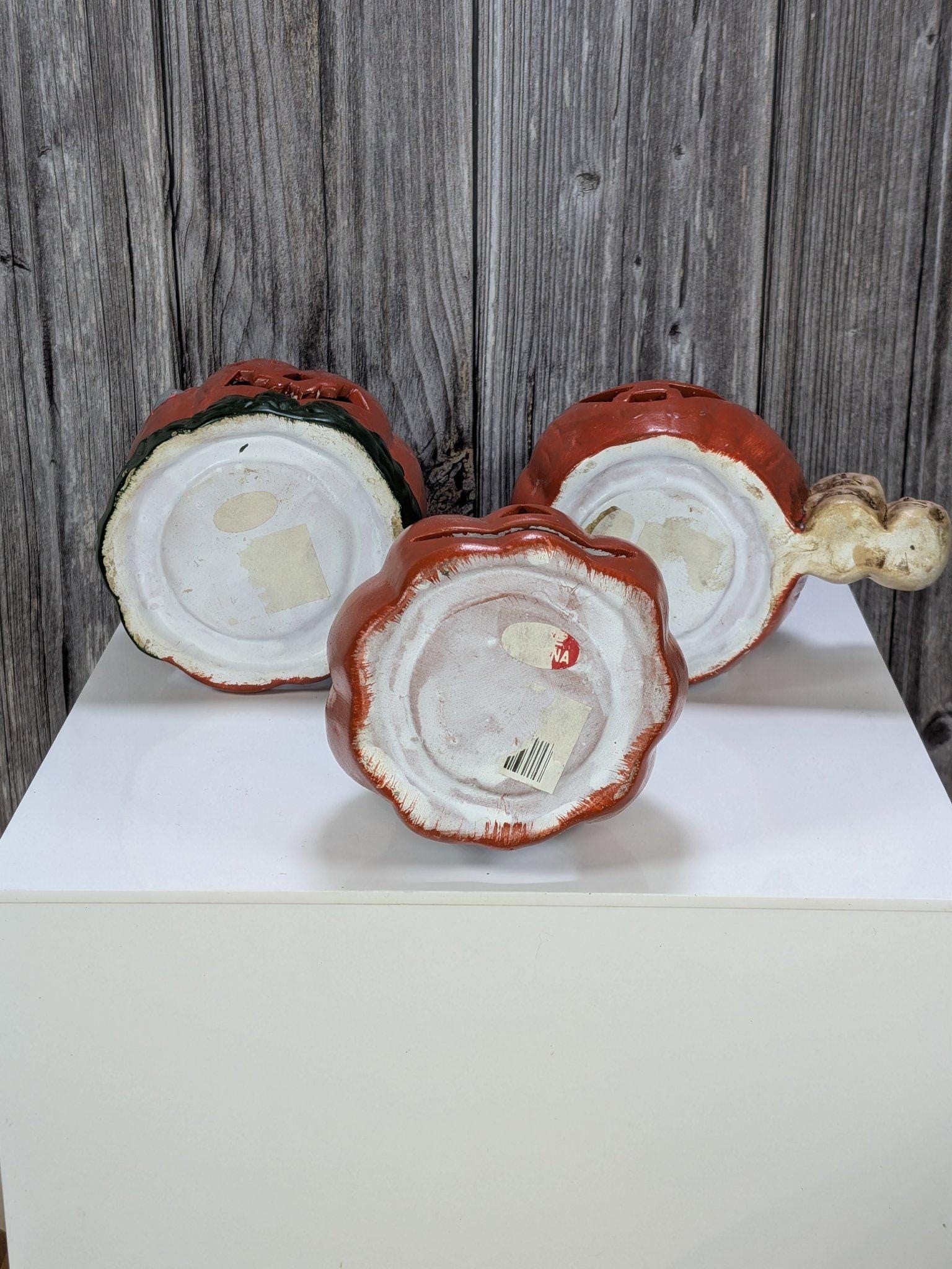 Vintage Hand Painted Ceramic Pumpkin Luminaries Set of 3 Halloween Witch Ghost Skull Tealight Holders view 3