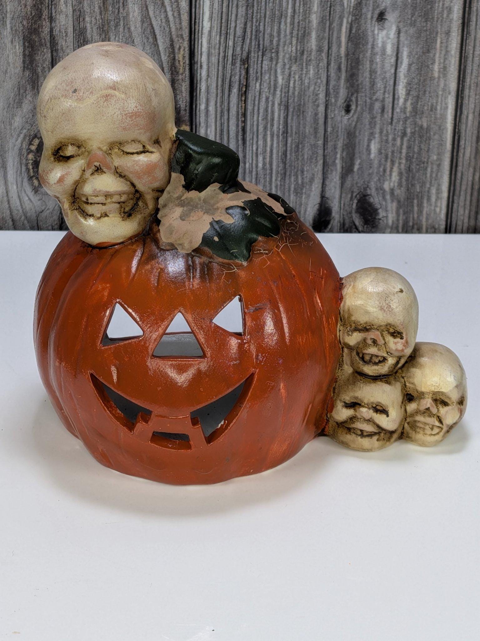 Vintage Hand Painted Ceramic Pumpkin Luminaries Set of 3 Halloween Witch Ghost Skull Tealight Holders view 5