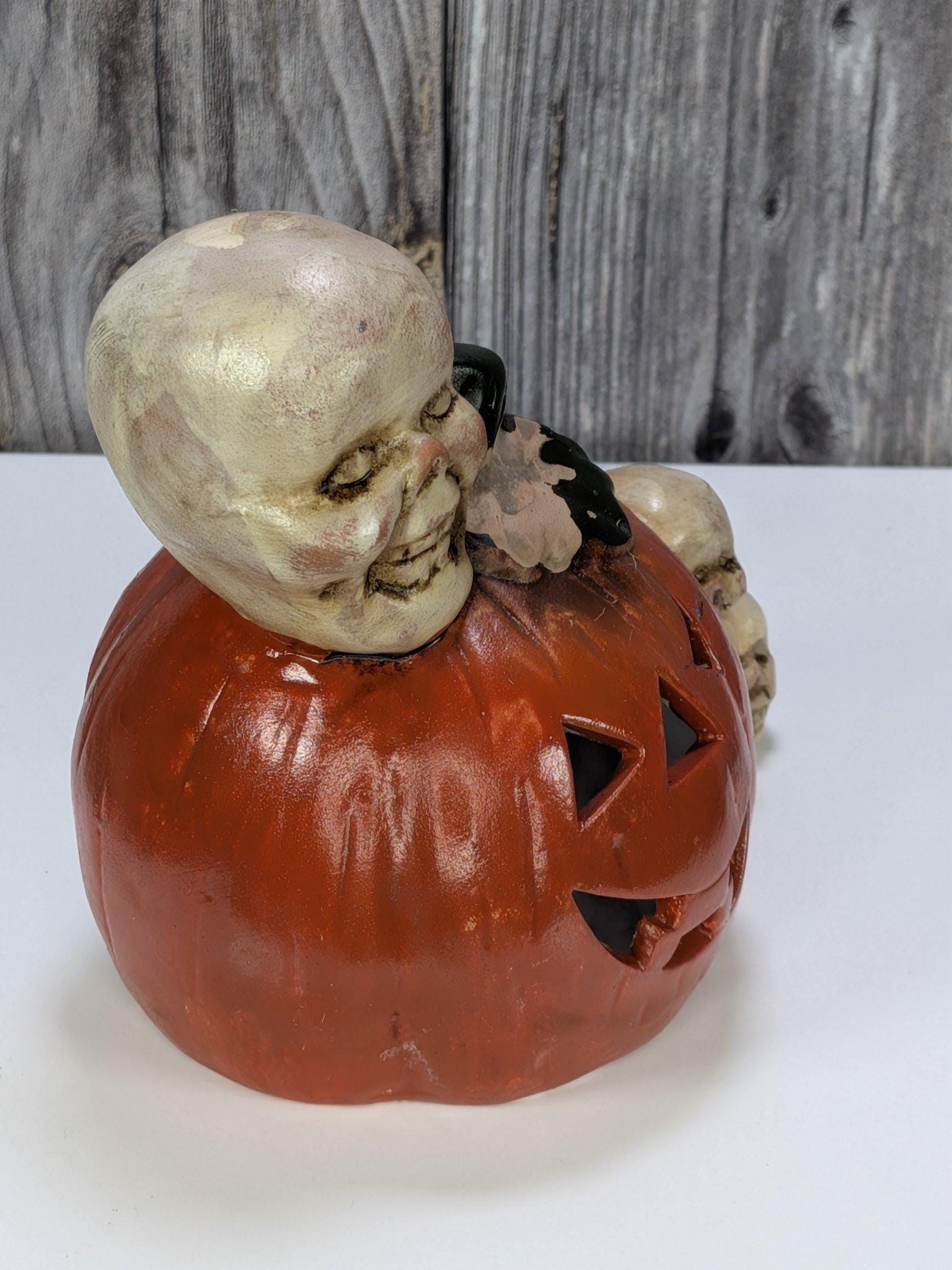 Vintage Hand Painted Ceramic Pumpkin Luminaries Set of 3 Halloween Witch Ghost Skull Tealight Holders view 6