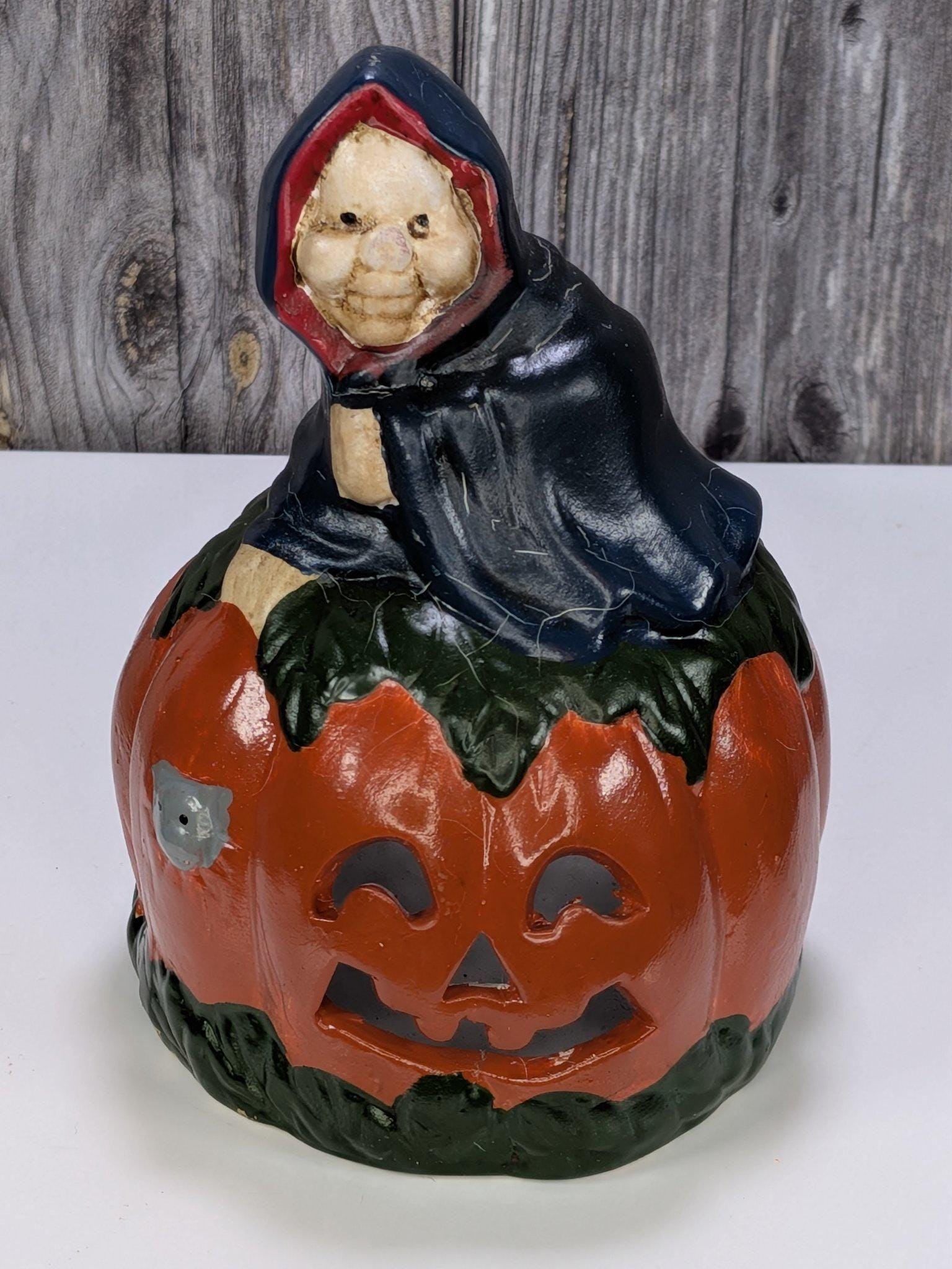 Vintage Hand Painted Ceramic Pumpkin Luminaries Set of 3 Halloween Witch Ghost Skull Tealight Holders view 7