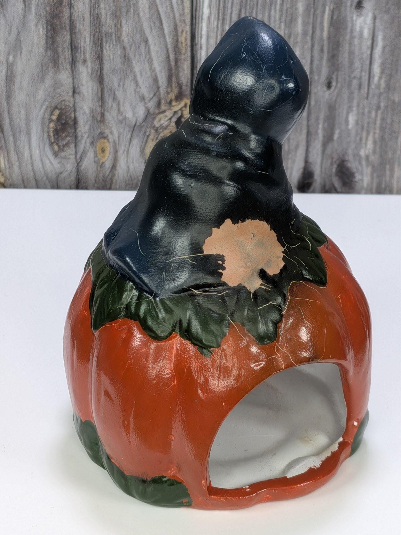 Vintage Hand Painted Ceramic Pumpkin Luminaries Set of 3 Halloween Witch Ghost Skull Tealight Holders view 8
