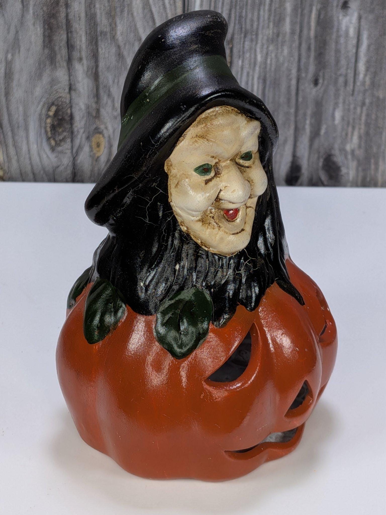Vintage Hand Painted Ceramic Pumpkin Luminaries Set of 3 Halloween Witch Ghost Skull Tealight Holders view 9