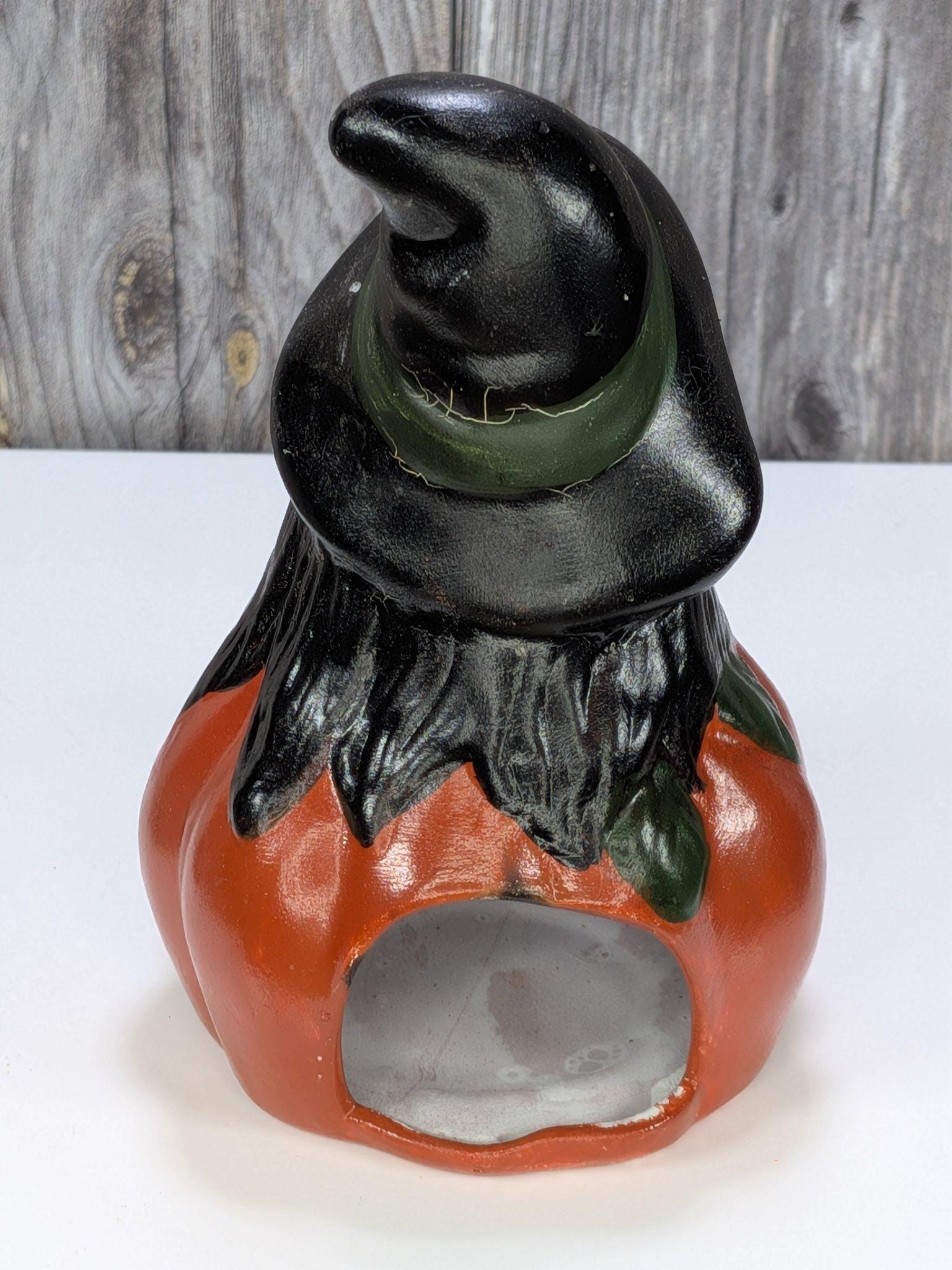Vintage Hand Painted Ceramic Pumpkin Luminaries Set of 3 Halloween Witch Ghost Skull Tealight Holders view 10