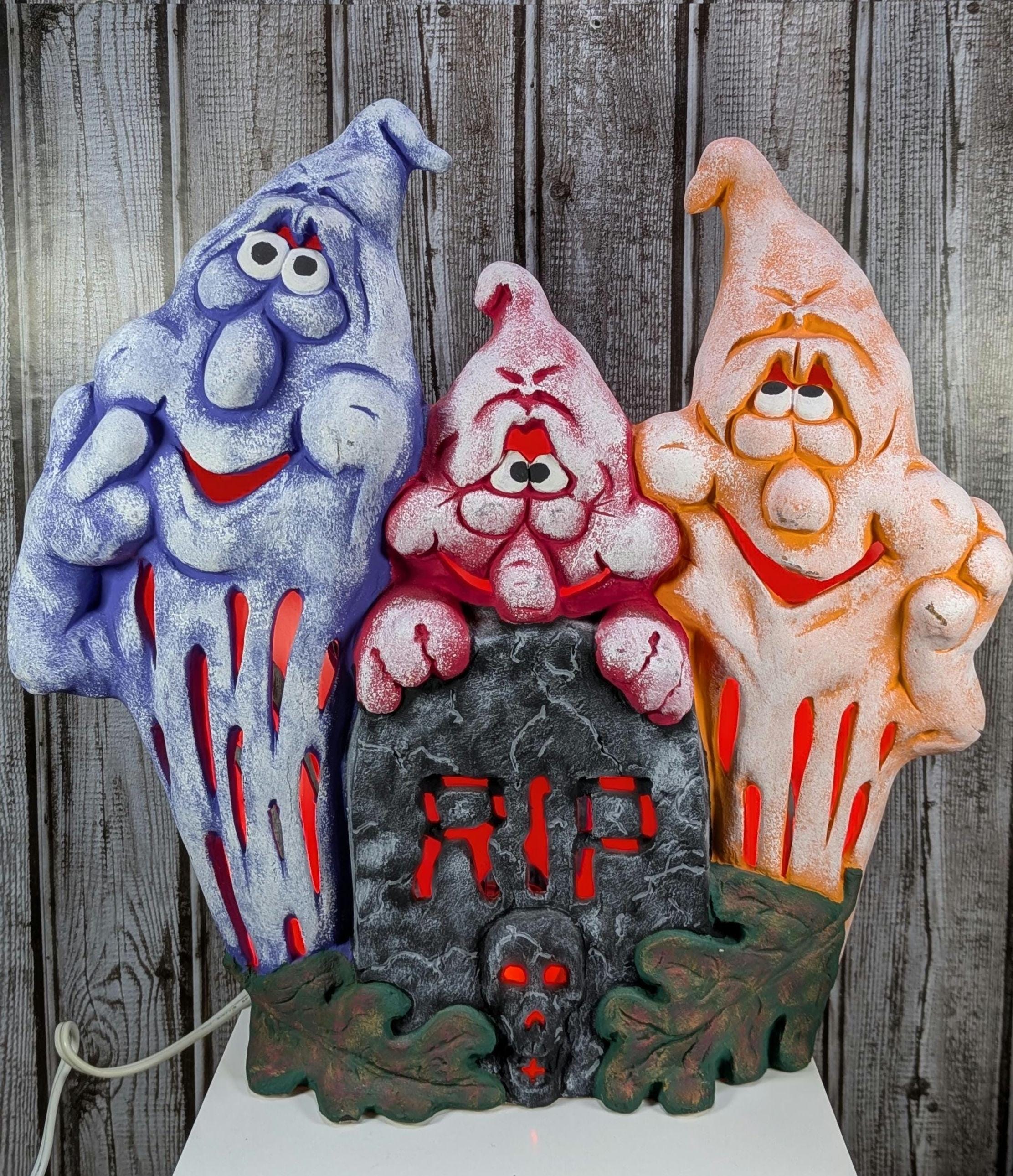 Vintage Ceramic Lighted Ghost Trio With RIP Tombstone Halloween Decoration Plug In