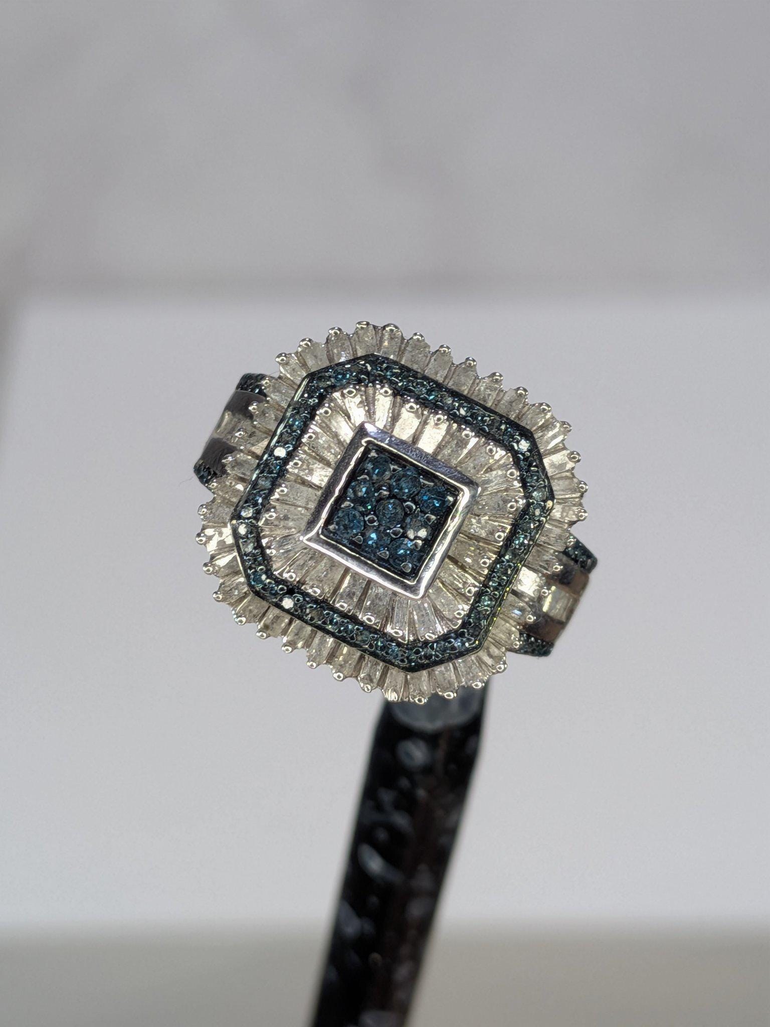 Art Deco Style Sterling Silver Blue And White REAL Diamond Octagon Cocktail Ring 925