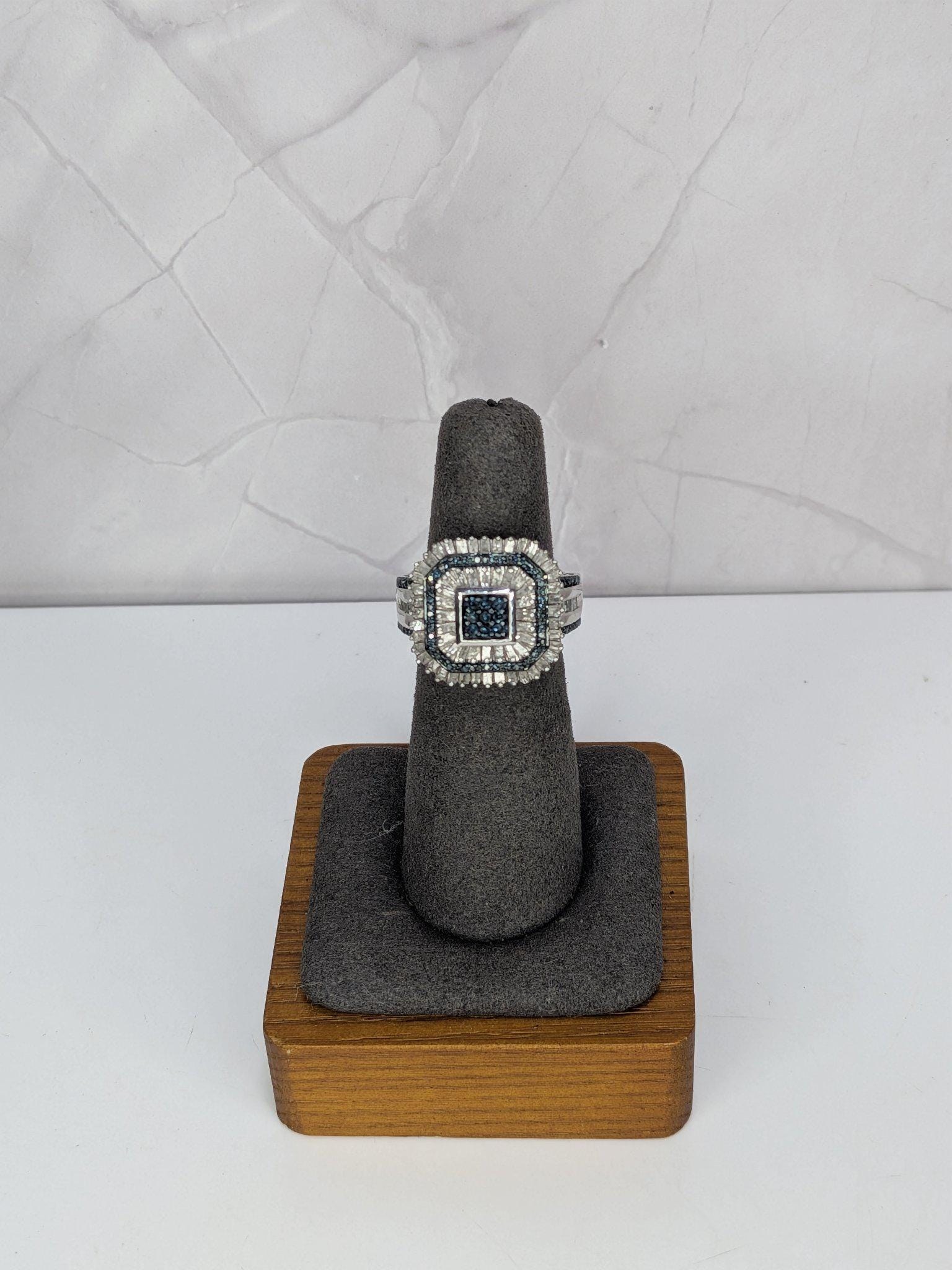 Art Deco Style Sterling Silver Blue And White REAL Diamond Octagon Cocktail Ring 925 view 2