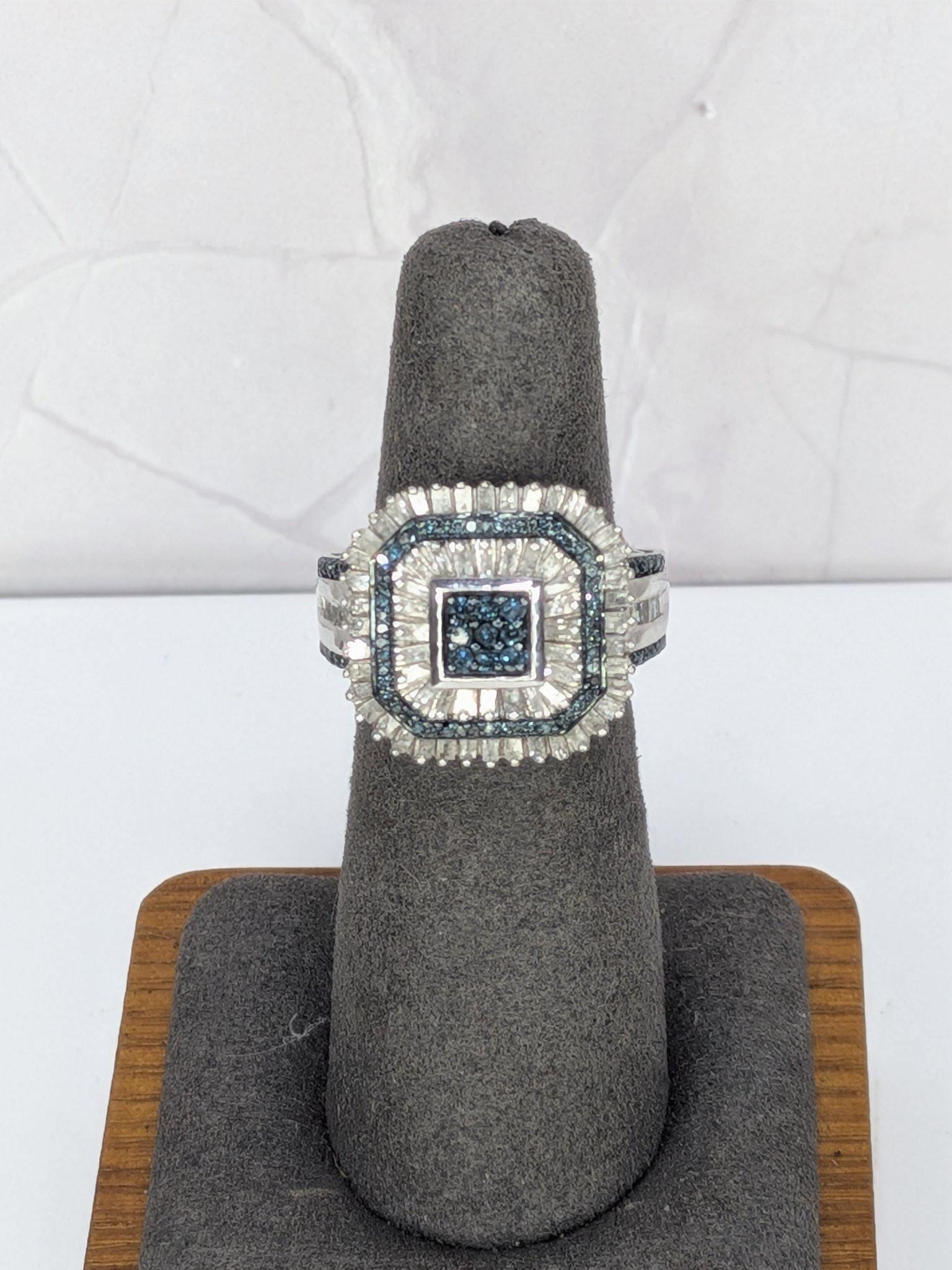 Art Deco Style Sterling Silver Blue And White REAL Diamond Octagon Cocktail Ring 925 view 3